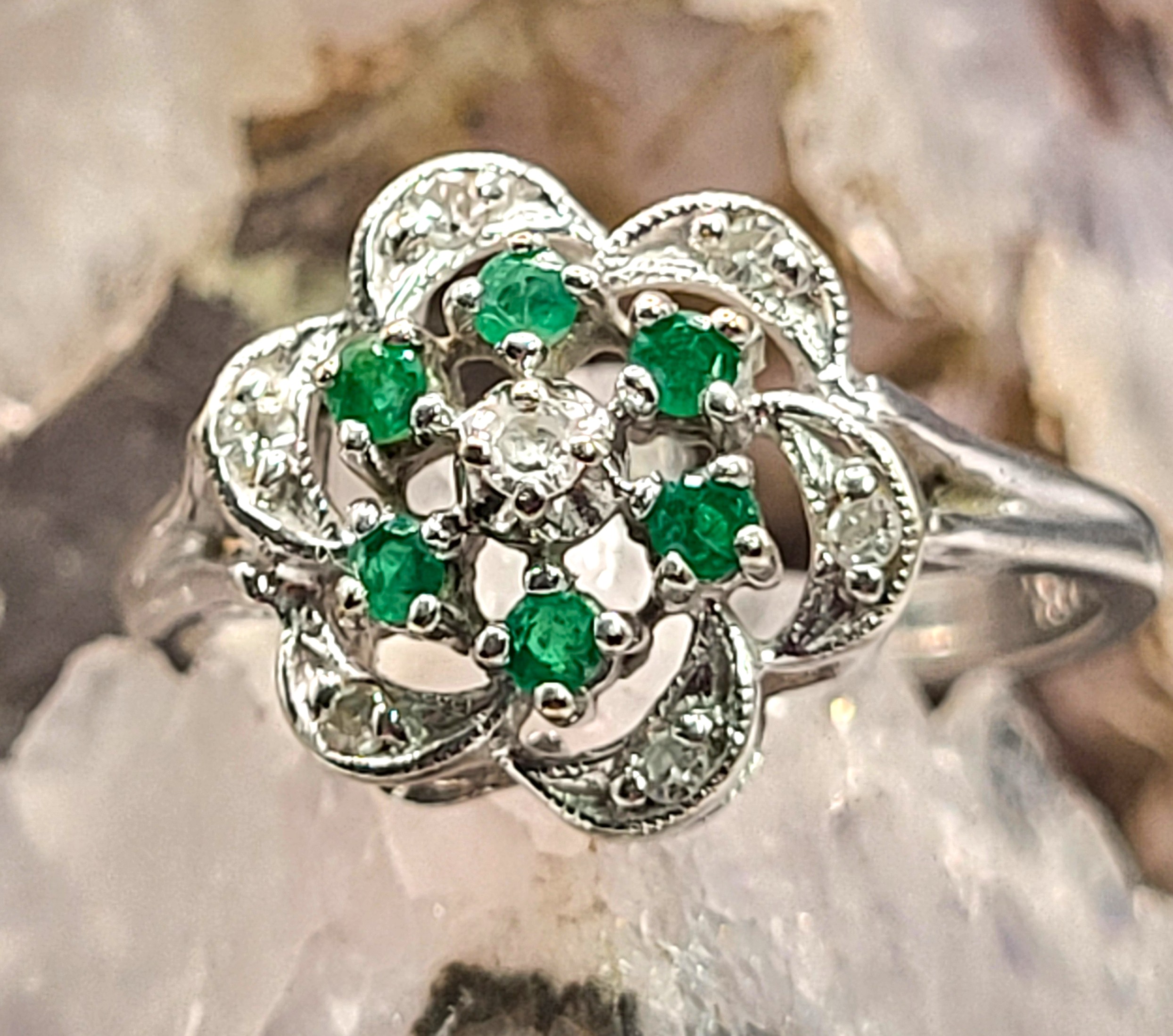 Emerald Cluster Ring with Diamond Swirl Halo