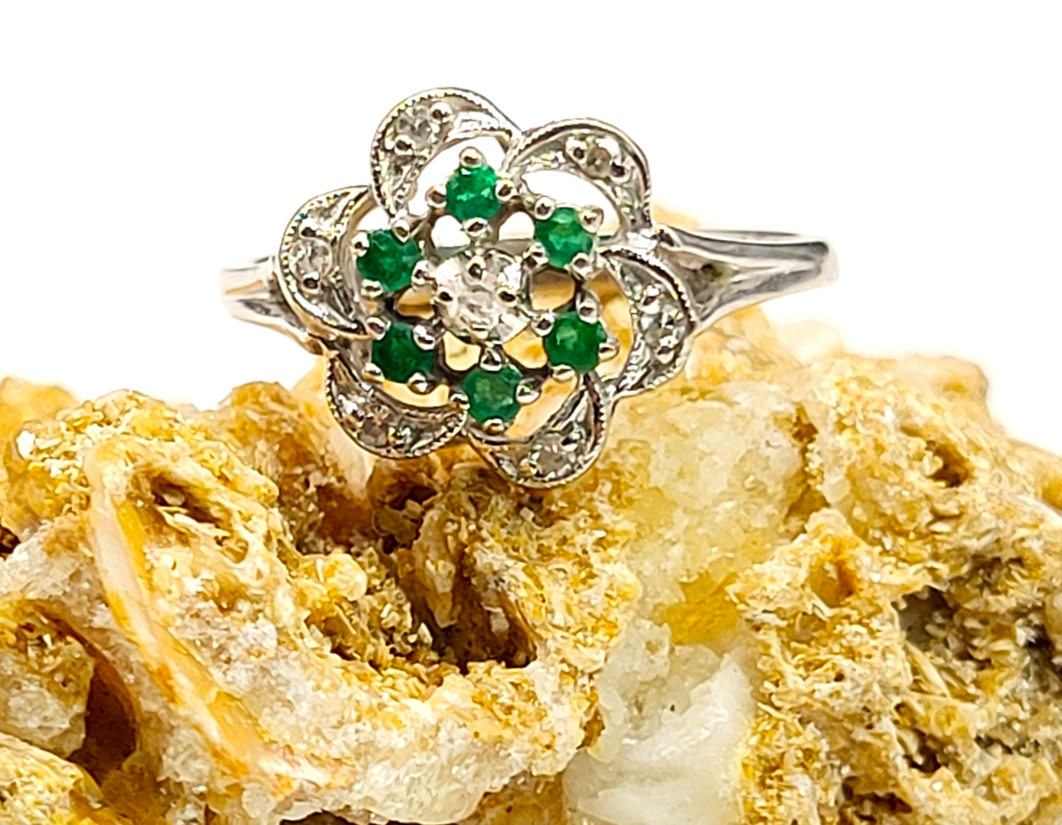 Emerald Cluster Ring with Diamond Swirl Halo