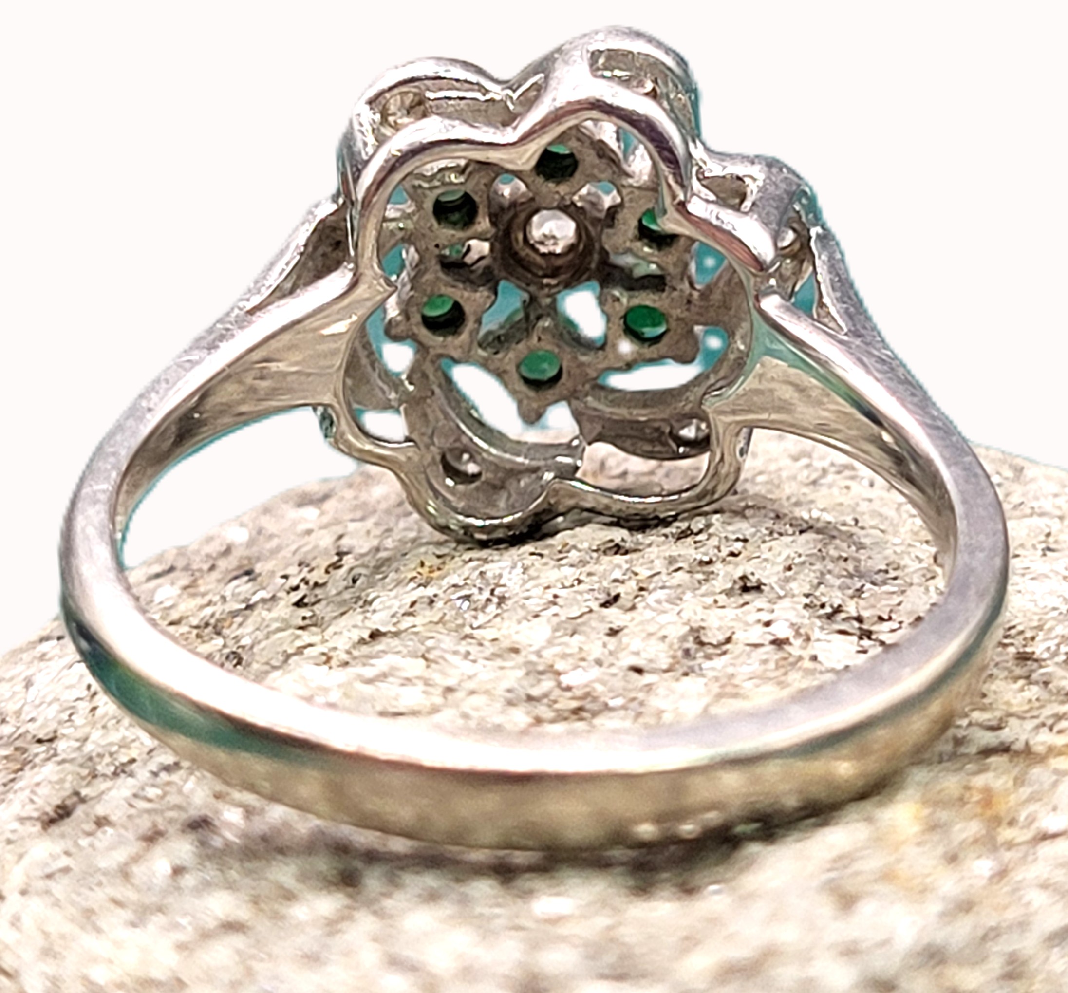 Emerald Cluster Ring with Diamond Swirl Halo
