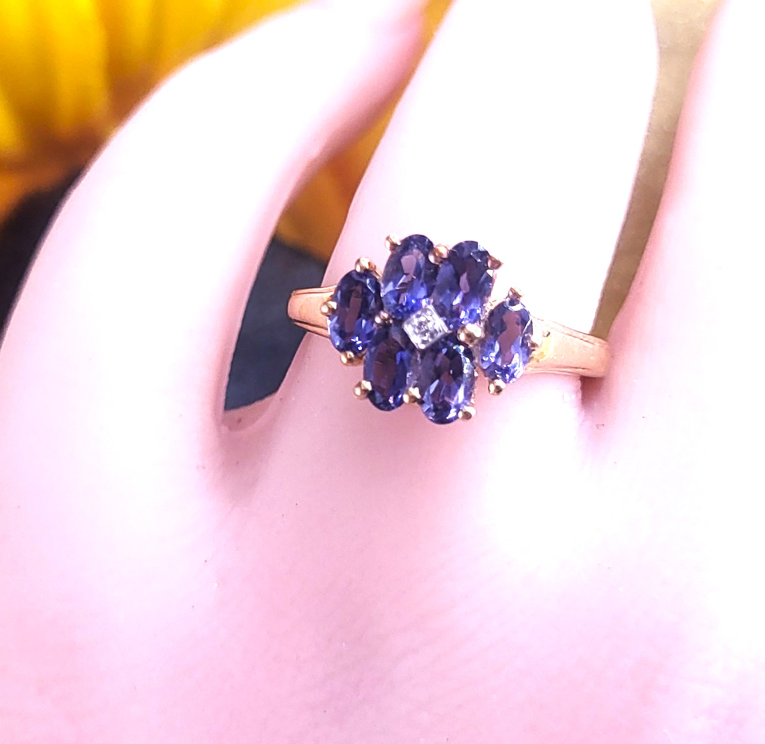 Intriguing Iolite and Diamond Center Flower Ring
