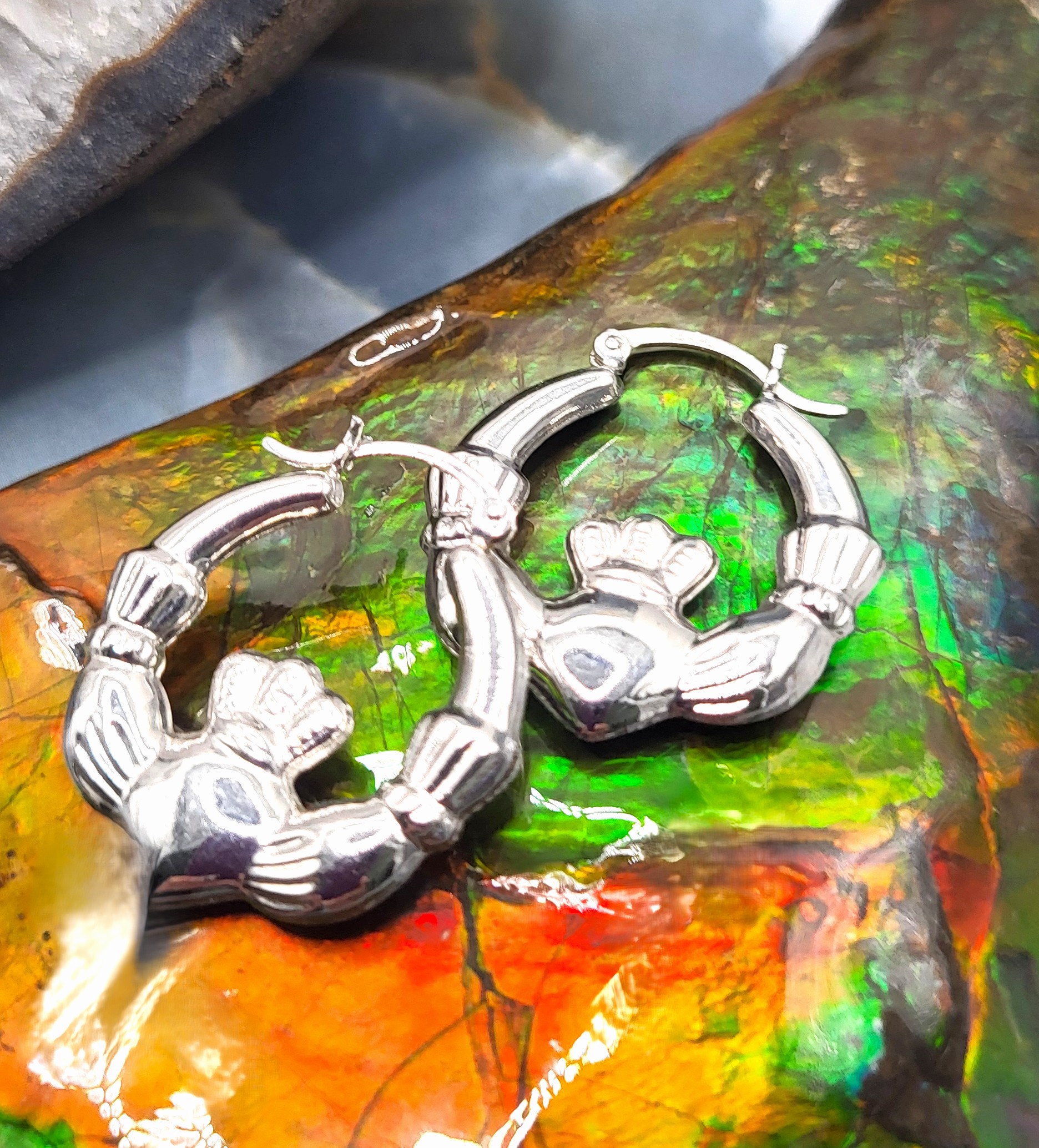 Love of the Irish White Gold Claddagh Hoops