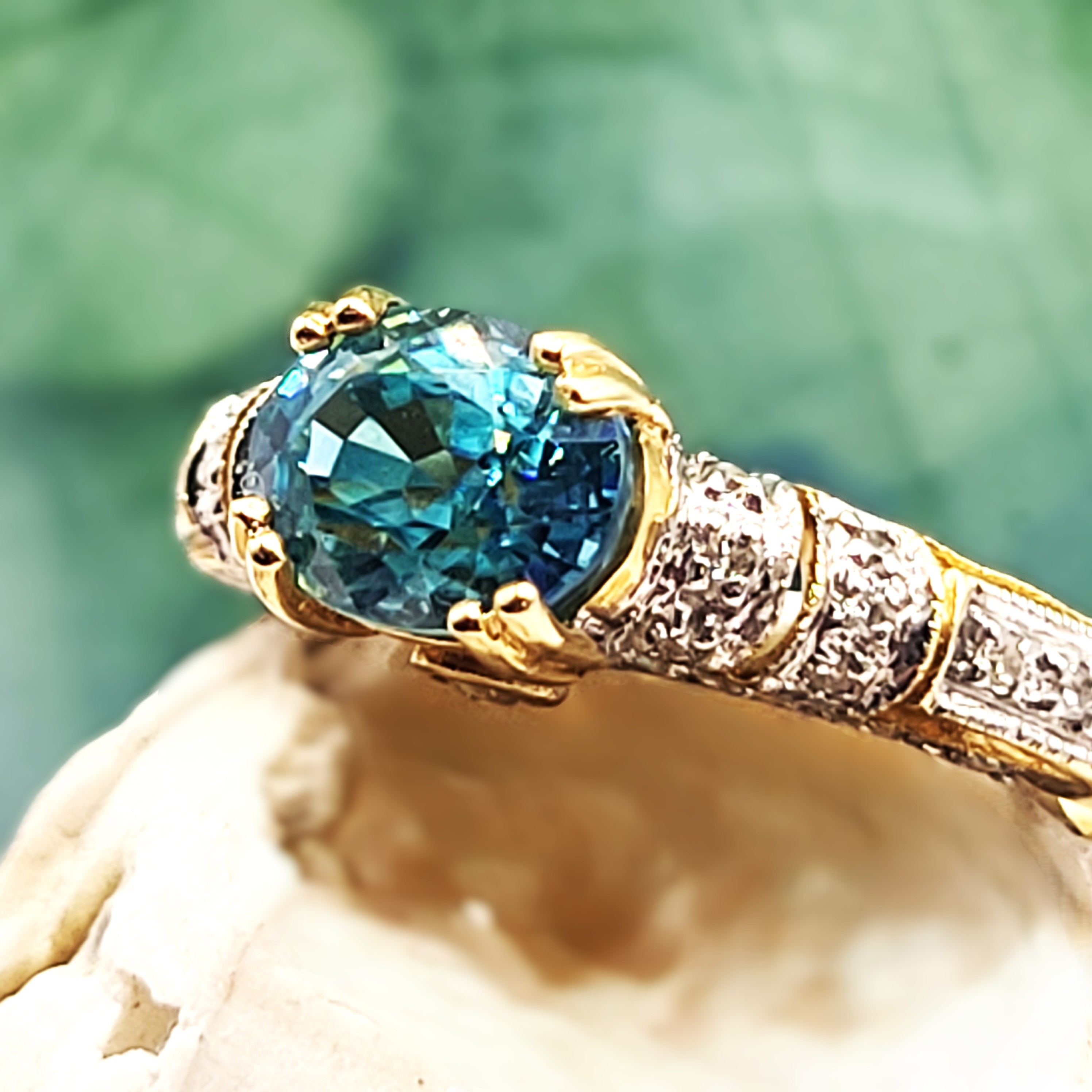 Heavenly Blue Zircon with Teal Overtones Ring with Diamond Shoulders
