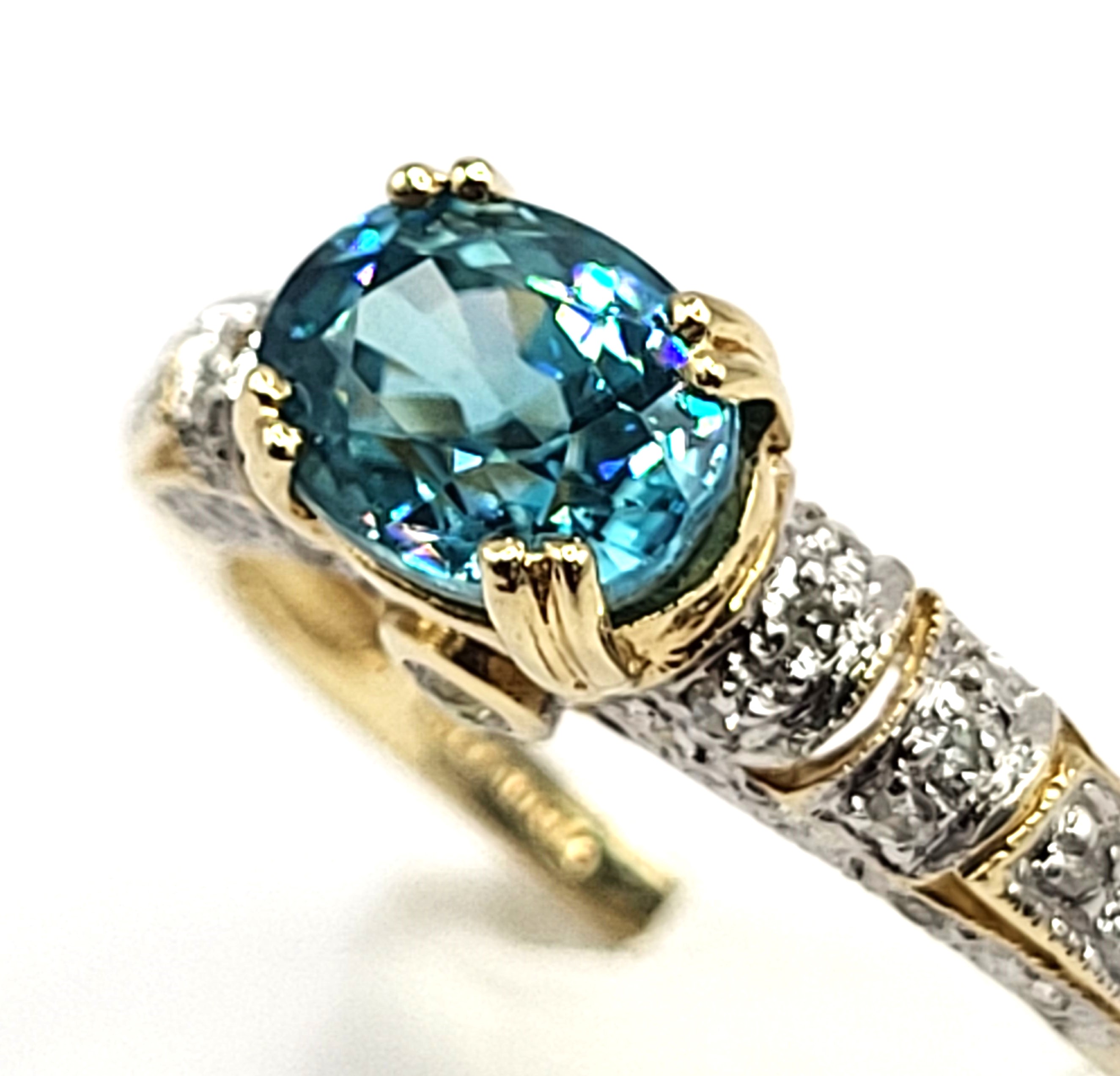 Heavenly Blue Zircon with Teal Overtones Ring with Diamond Shoulders