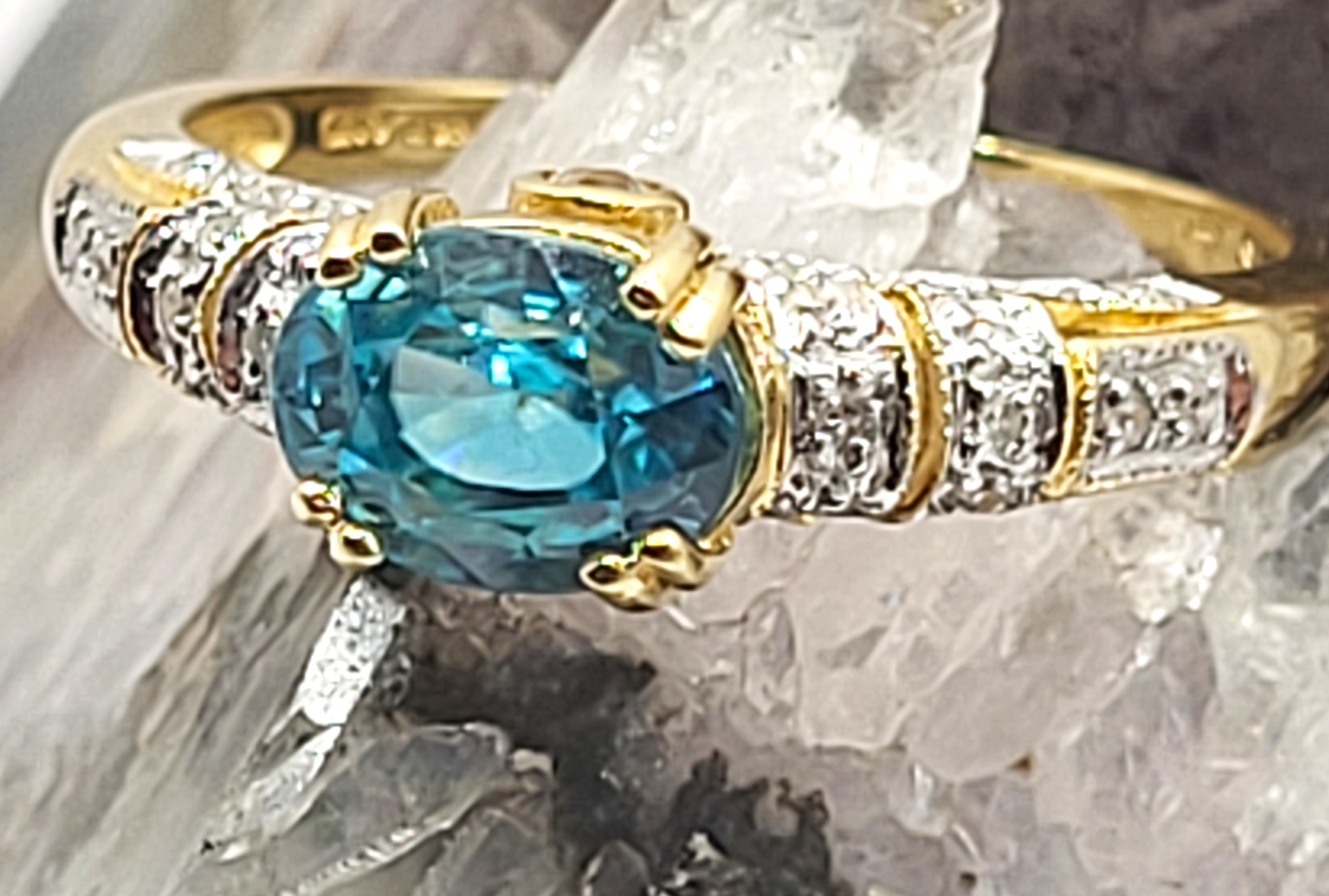 Heavenly Blue Zircon with Teal Overtones Ring with Diamond Shoulders