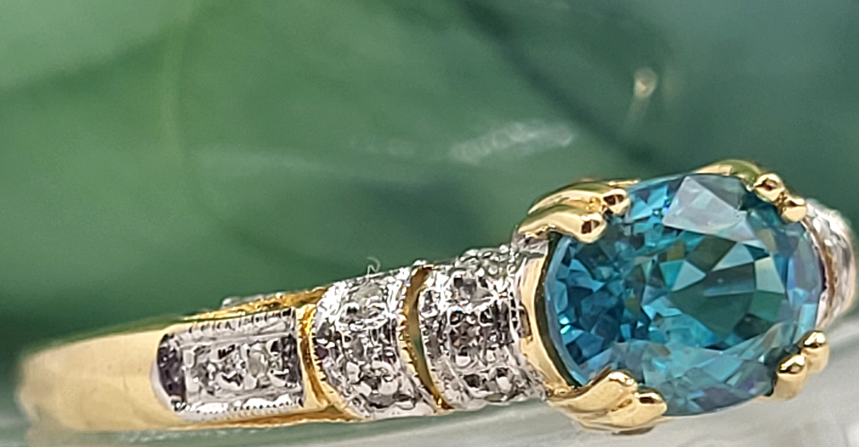 Heavenly Blue Zircon with Teal Overtones Ring with Diamond Shoulders