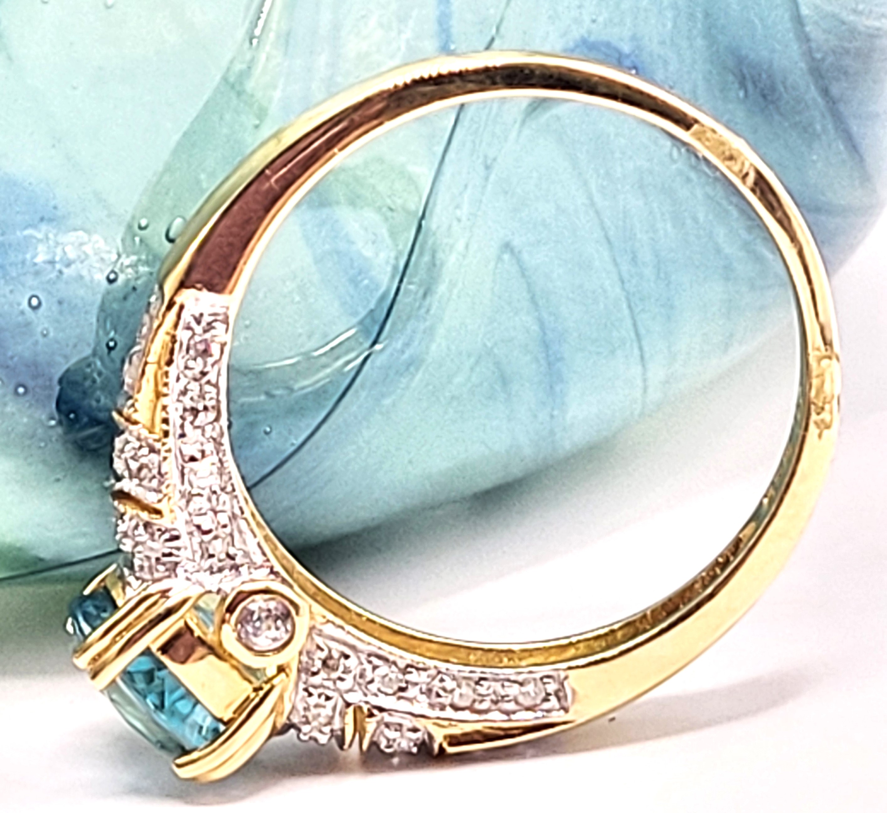 Heavenly Blue Zircon with Teal Overtones Ring with Diamond Shoulders