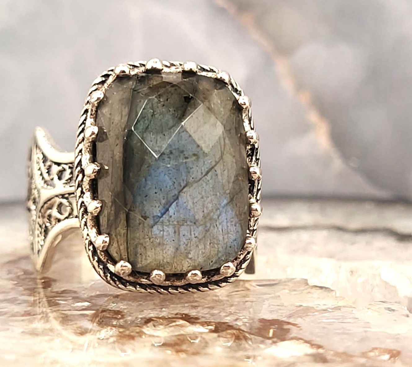 Turkish Threadwork Rose-Cut Labradorite Ring .925