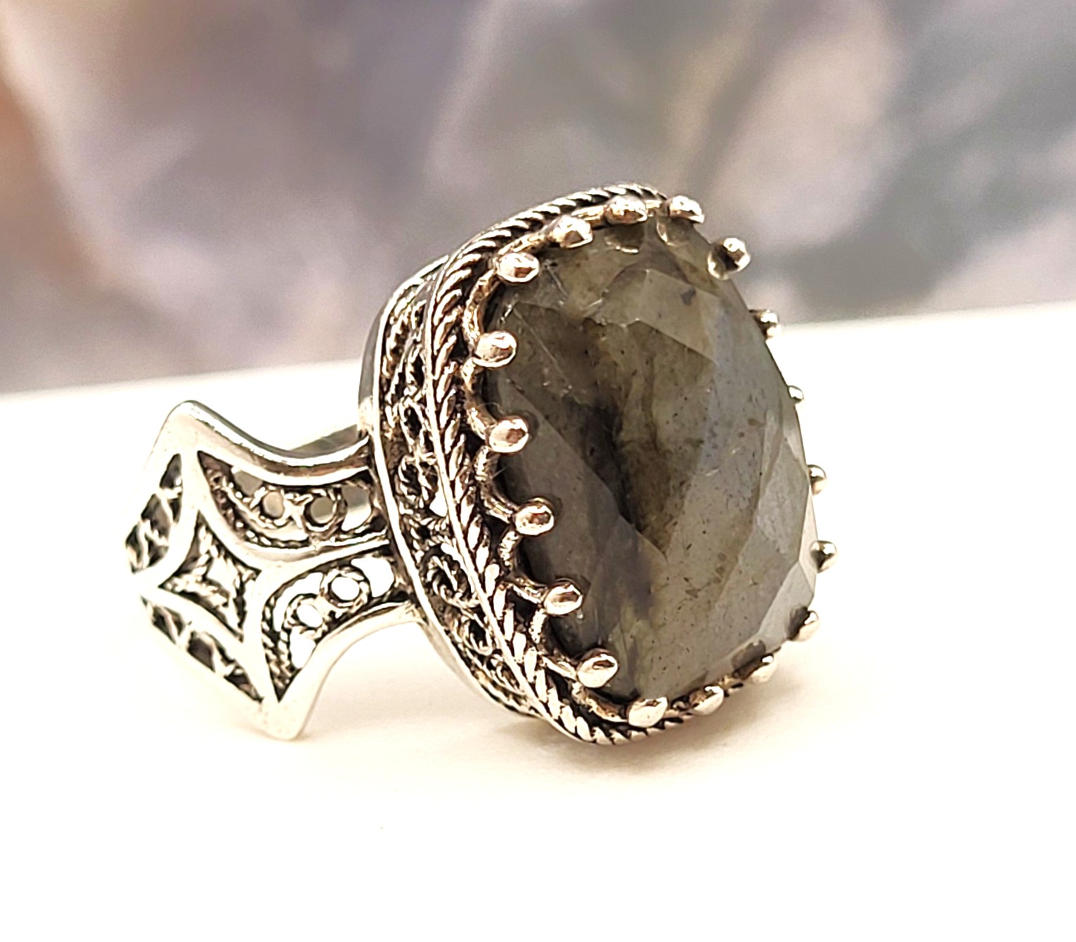 Turkish Threadwork Rose-Cut Labradorite Ring .925