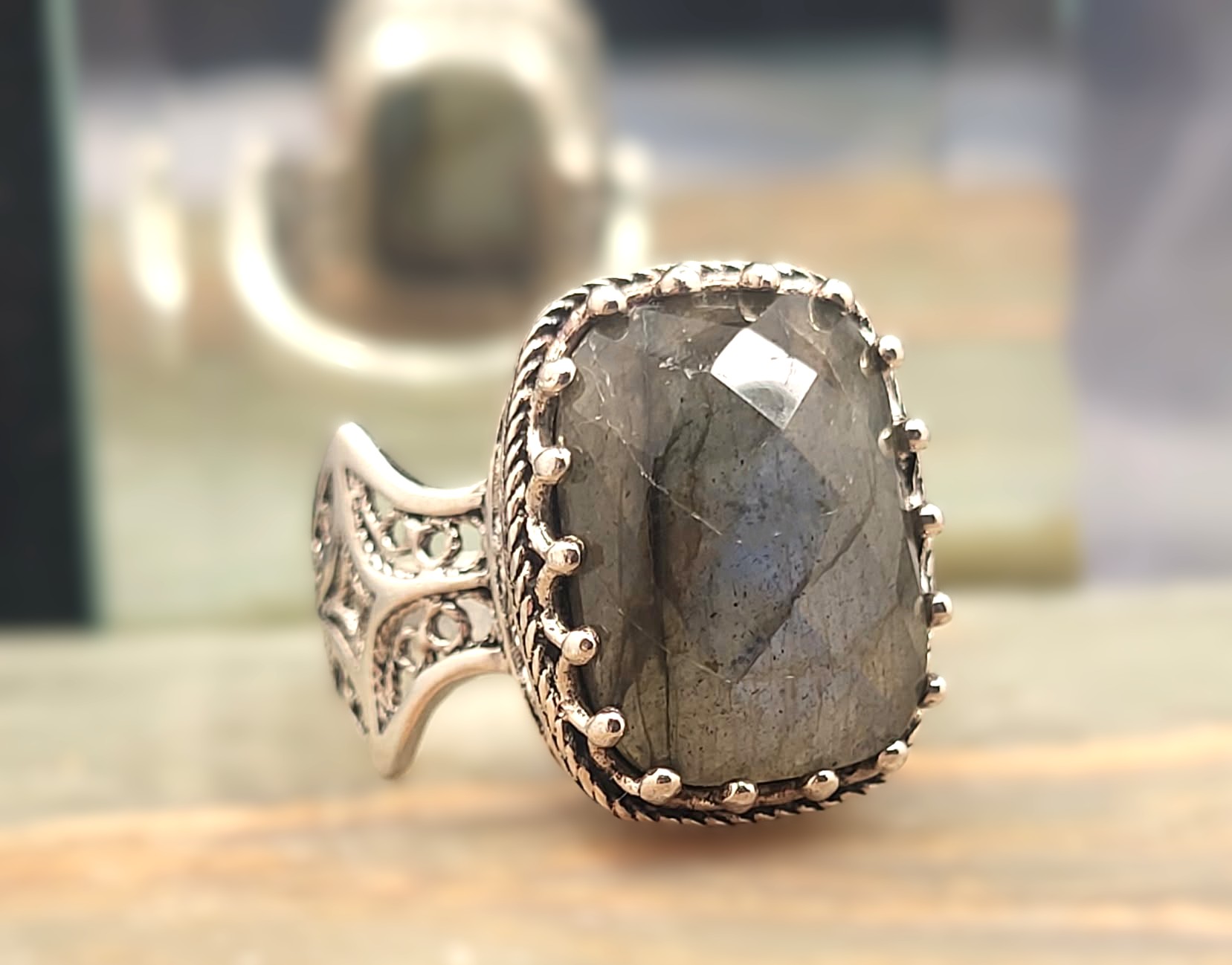 Turkish Threadwork Rose-Cut Labradorite Ring .925
