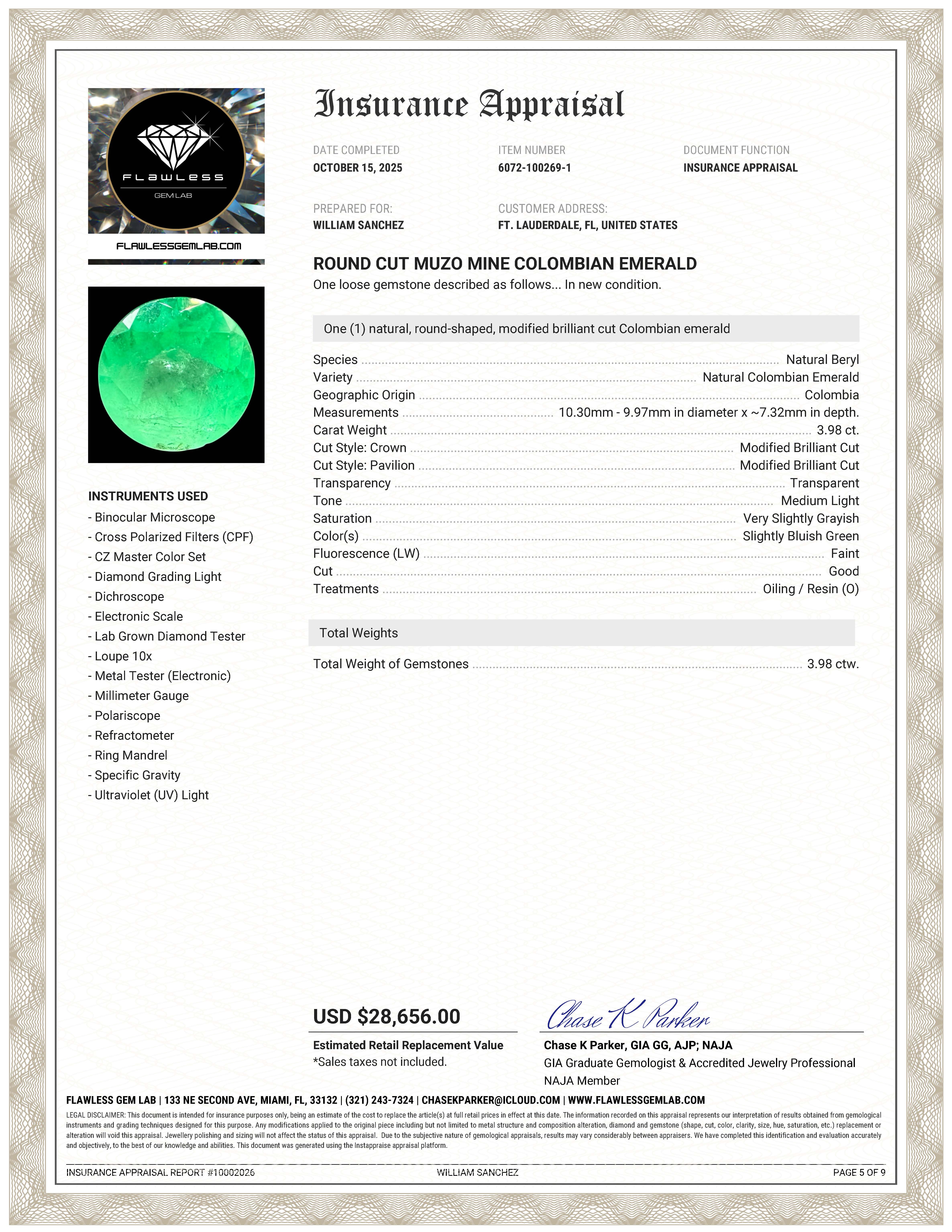 3.98 Round Certified Muzo Emerald