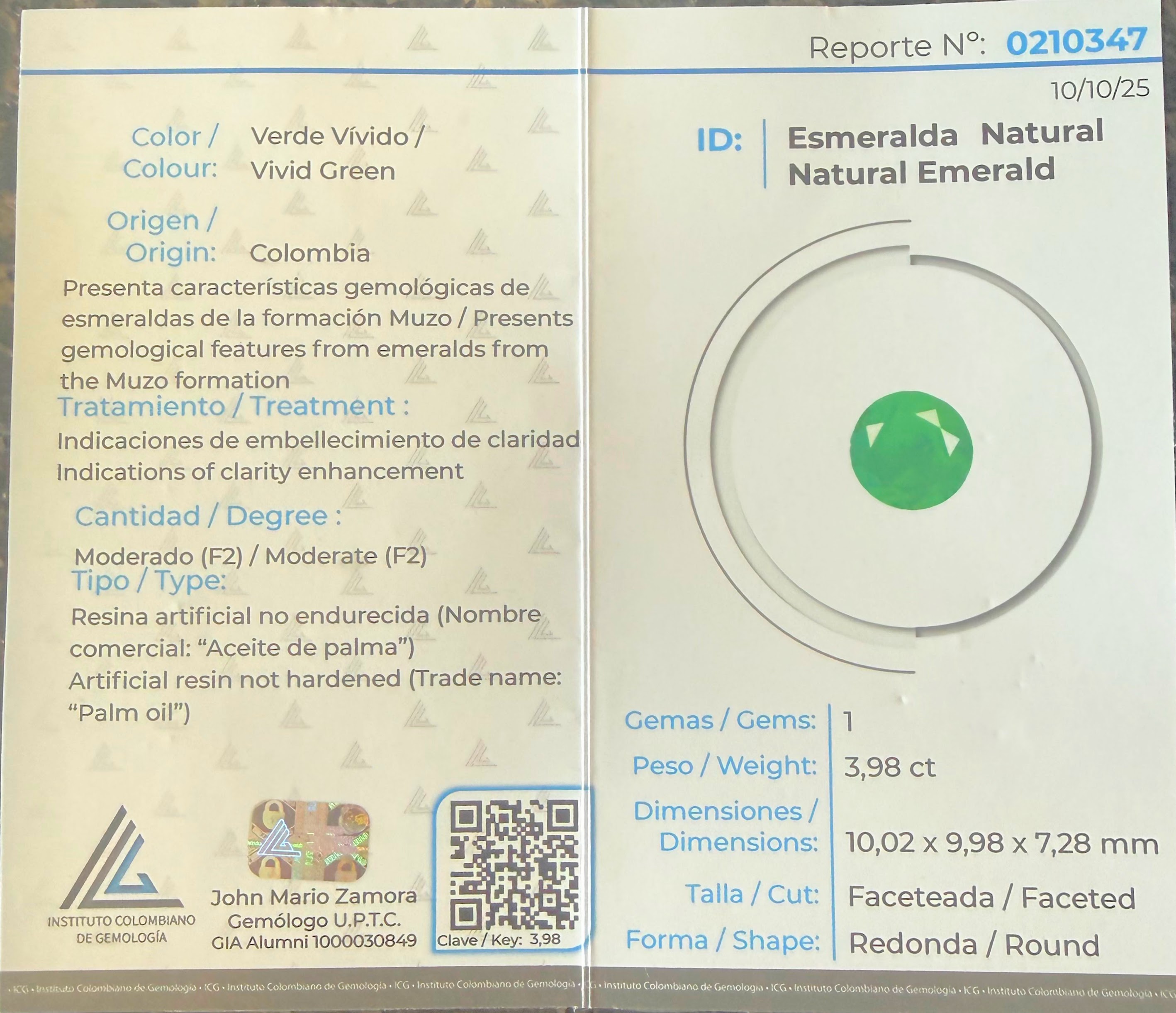 3.98 Round Certified Muzo Emerald