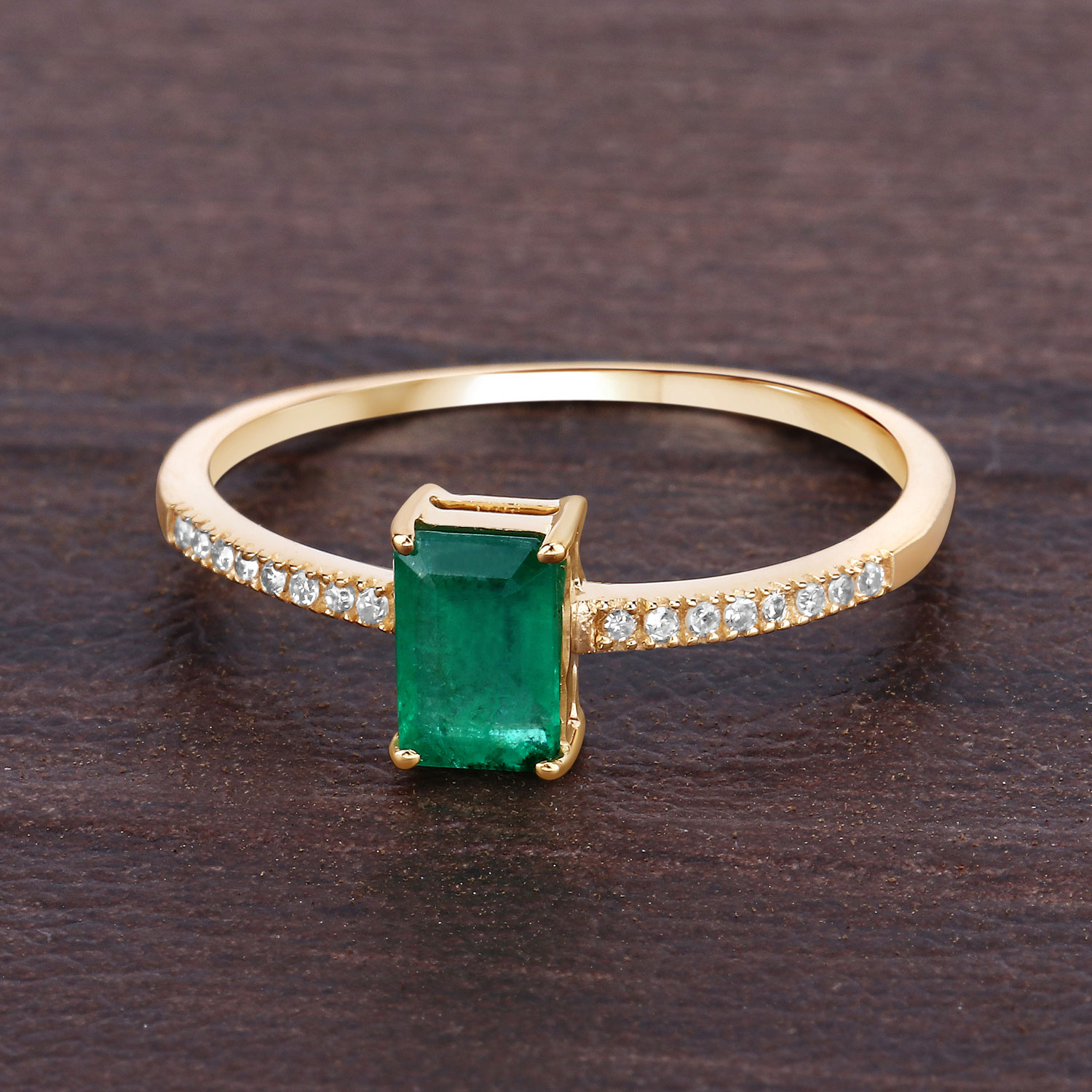 Octagon-Cut Zambian Emerald and Diamond Ring 14K