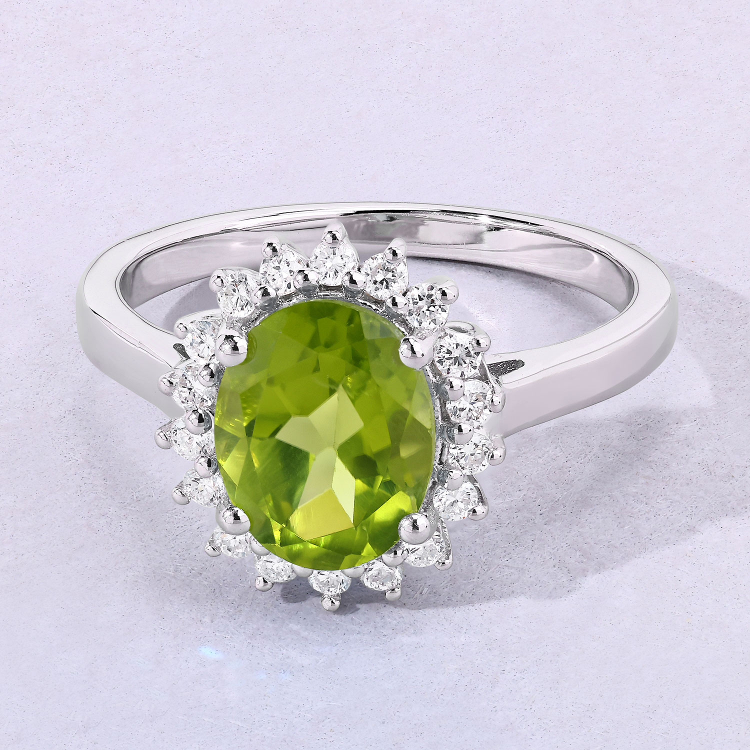 Natural Peridot and Lab-Grown Diamond Halo Ring
