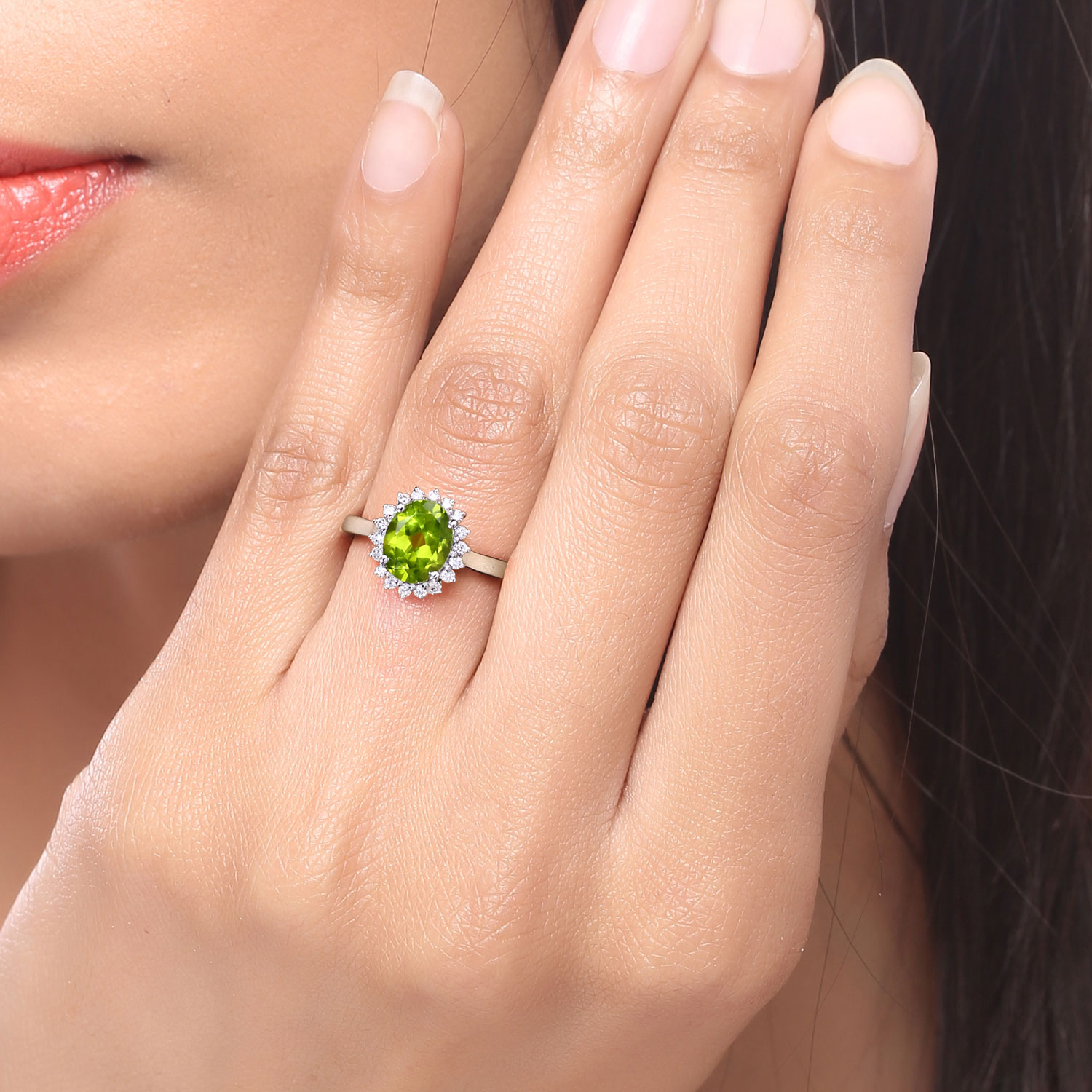 Natural Peridot and Lab-Grown Diamond Halo Ring