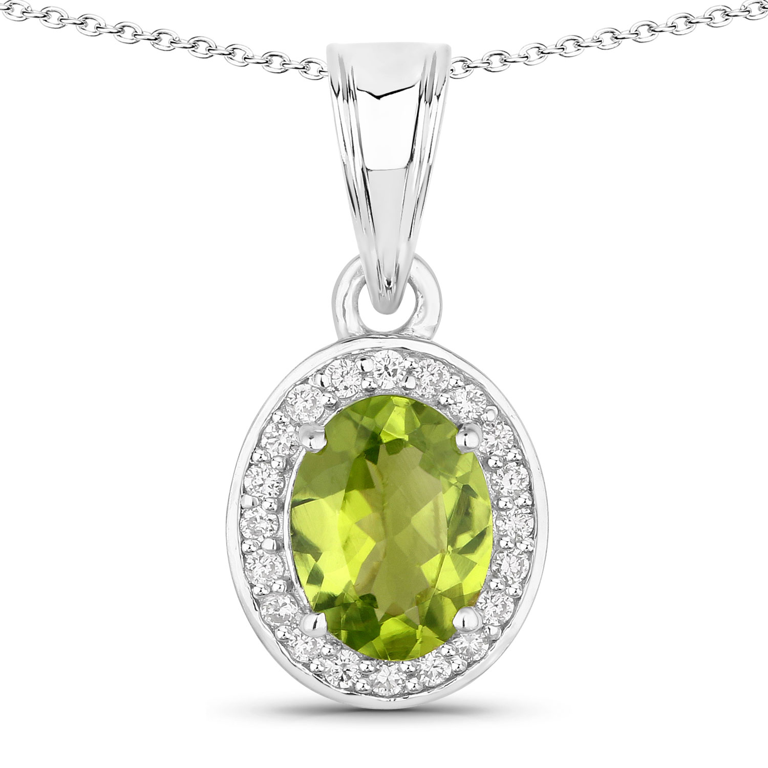 Natural Peridot and Lab Diamond Halo Necklace .925