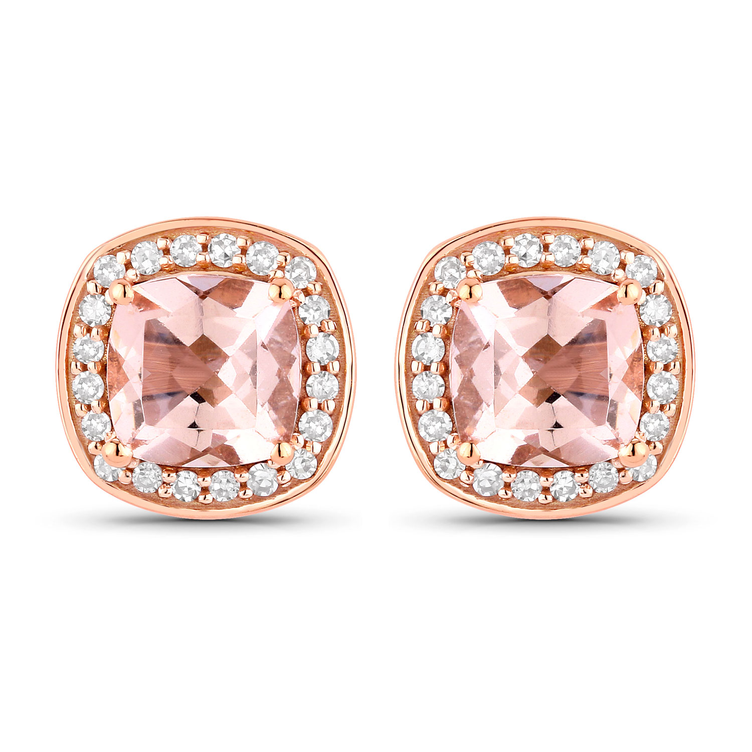 14K Rose Gold Genuine Morganite and Diamond Halo Earrings