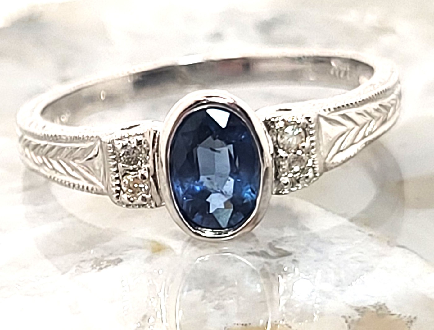 Art-Deco Inspired Blue Sapphire and Diamond Ring