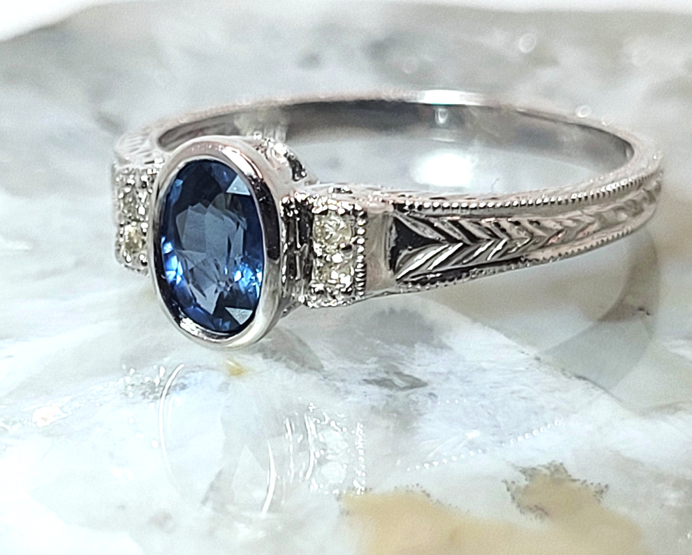 Art-Deco Inspired Blue Sapphire and Diamond Ring