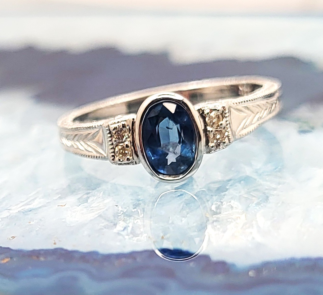 Art-Deco Inspired Blue Sapphire and Diamond Ring