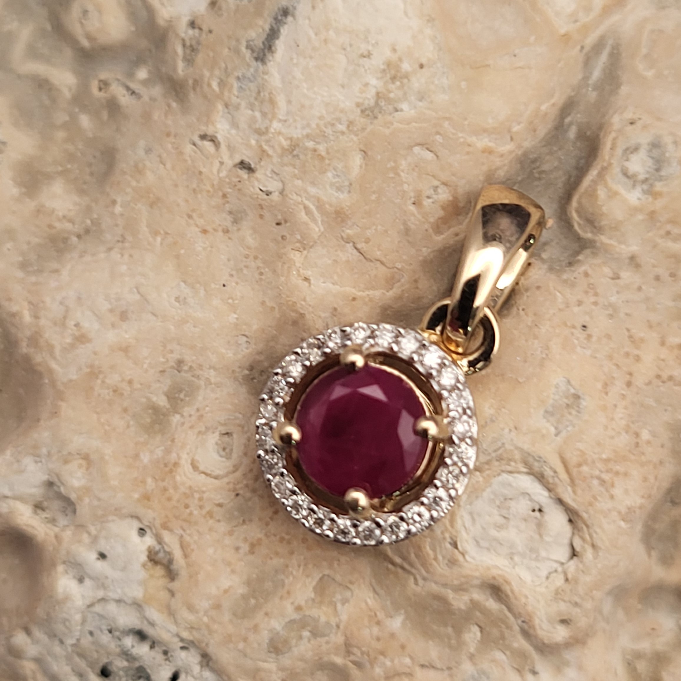 Genuine Ruby and Natural Diamond Halo Pendant 14K
