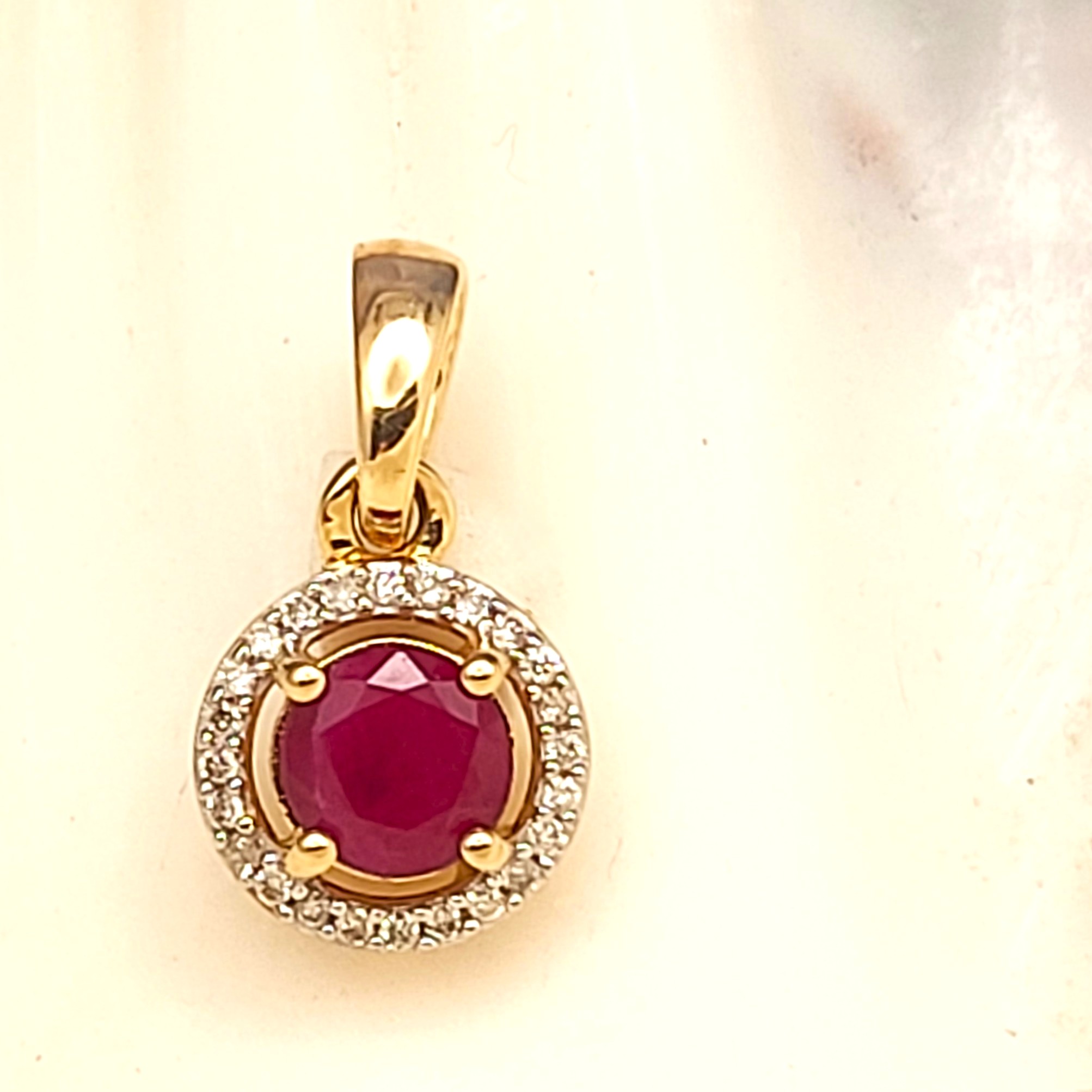 Genuine Ruby and Natural Diamond Halo Pendant 14K
