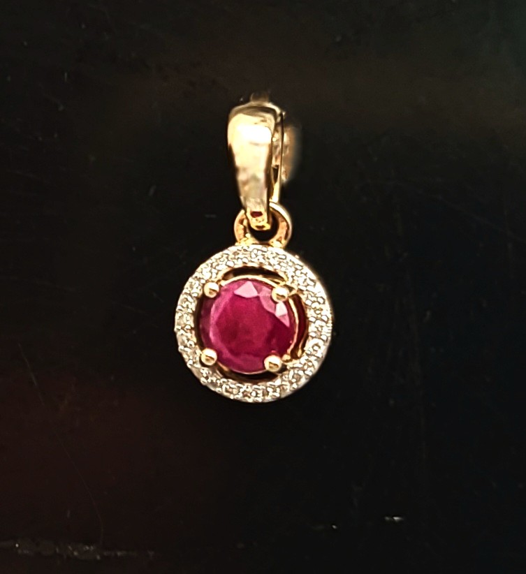Genuine Ruby and Natural Diamond Halo Pendant 14K