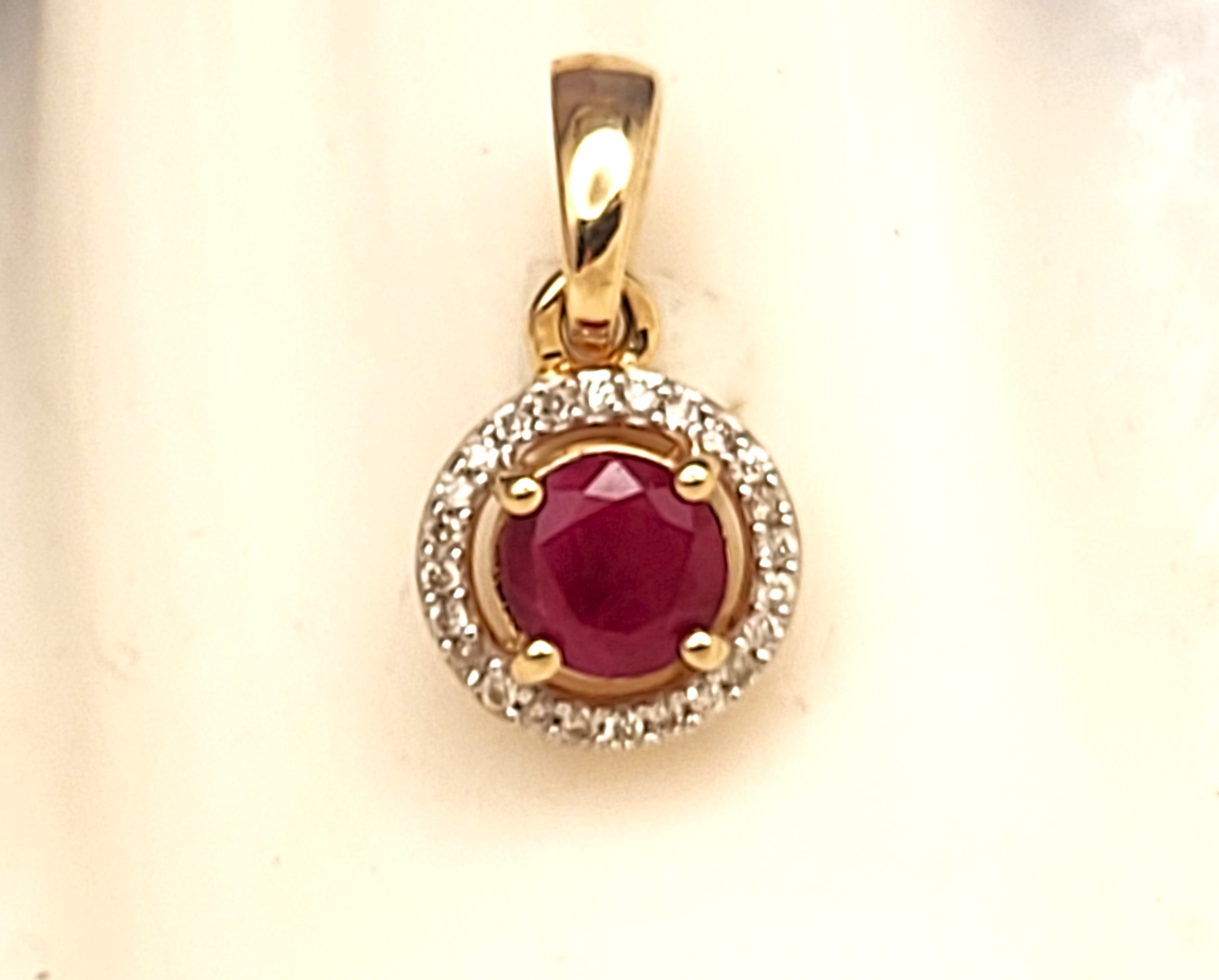 Genuine Ruby and Natural Diamond Halo Pendant 14K