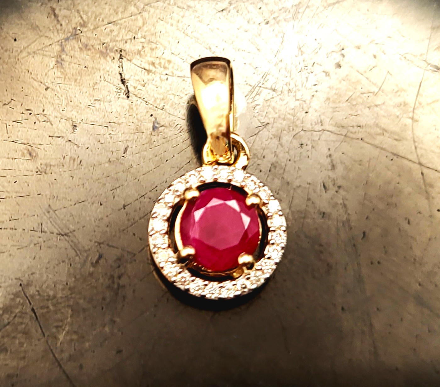 Genuine Ruby and Natural Diamond Halo Pendant 14K
