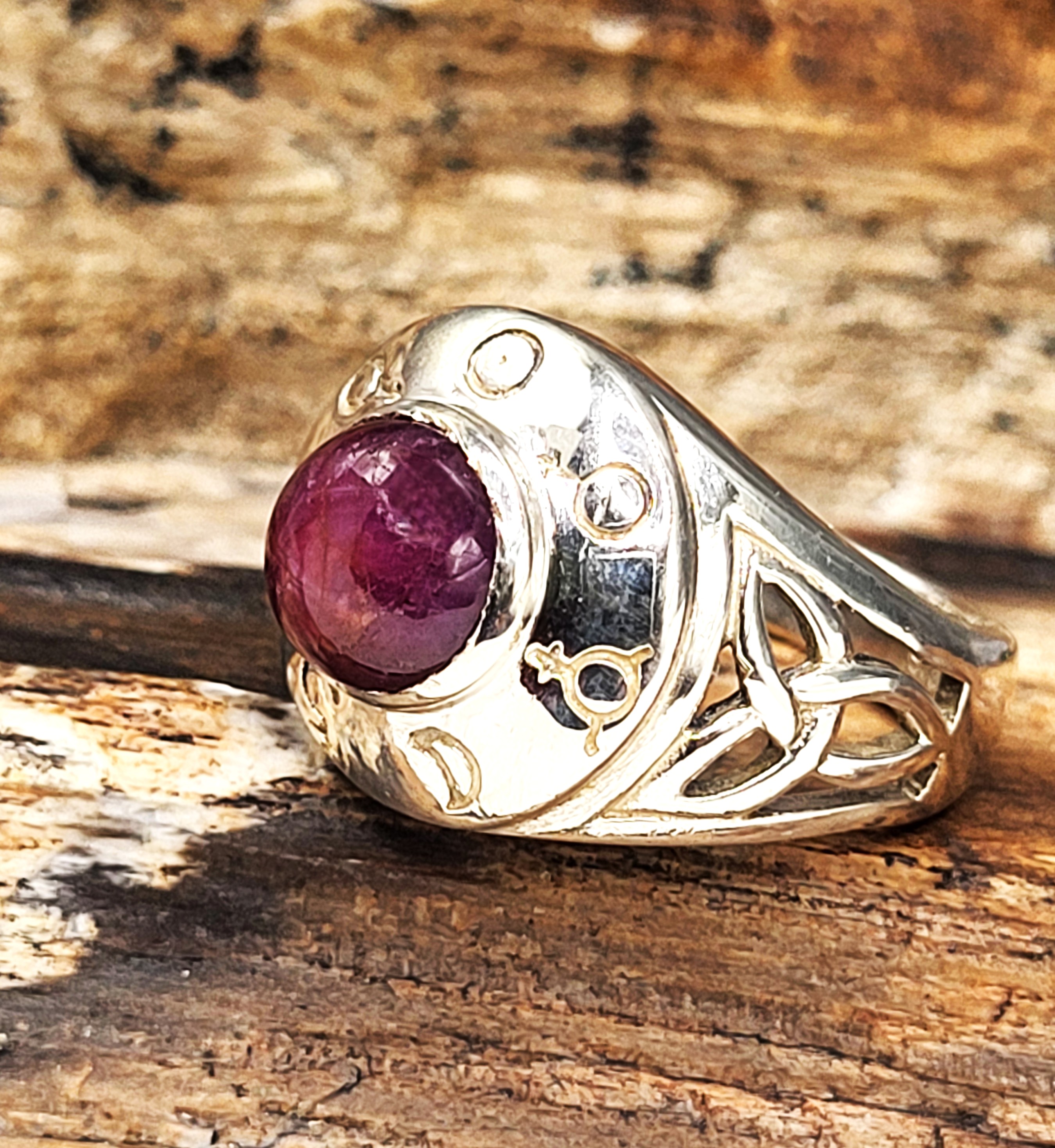 Celtic-Style Ruby Cabochon Sterling Silver Ring