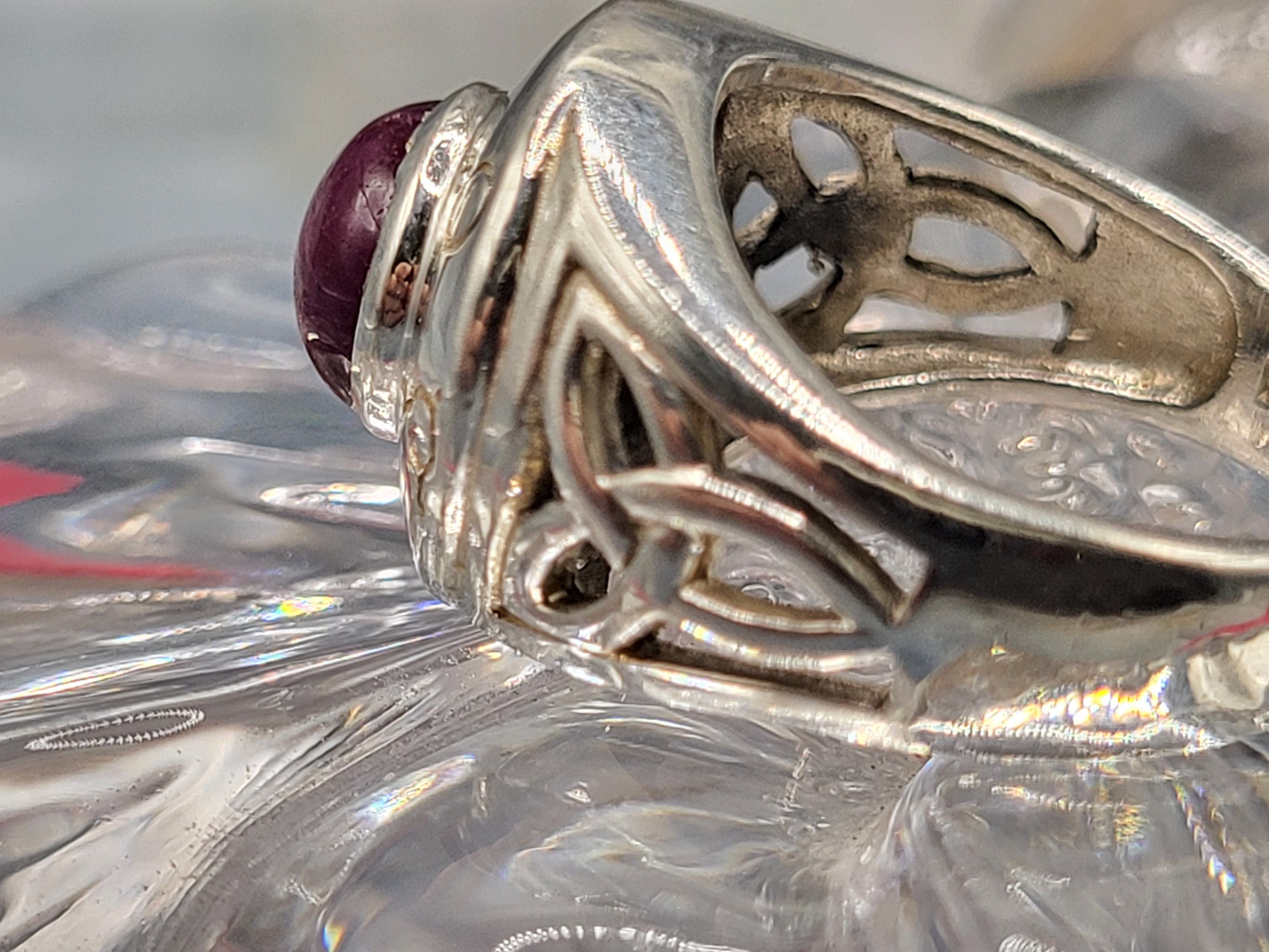 Celtic-Style Ruby Cabochon Sterling Silver Ring