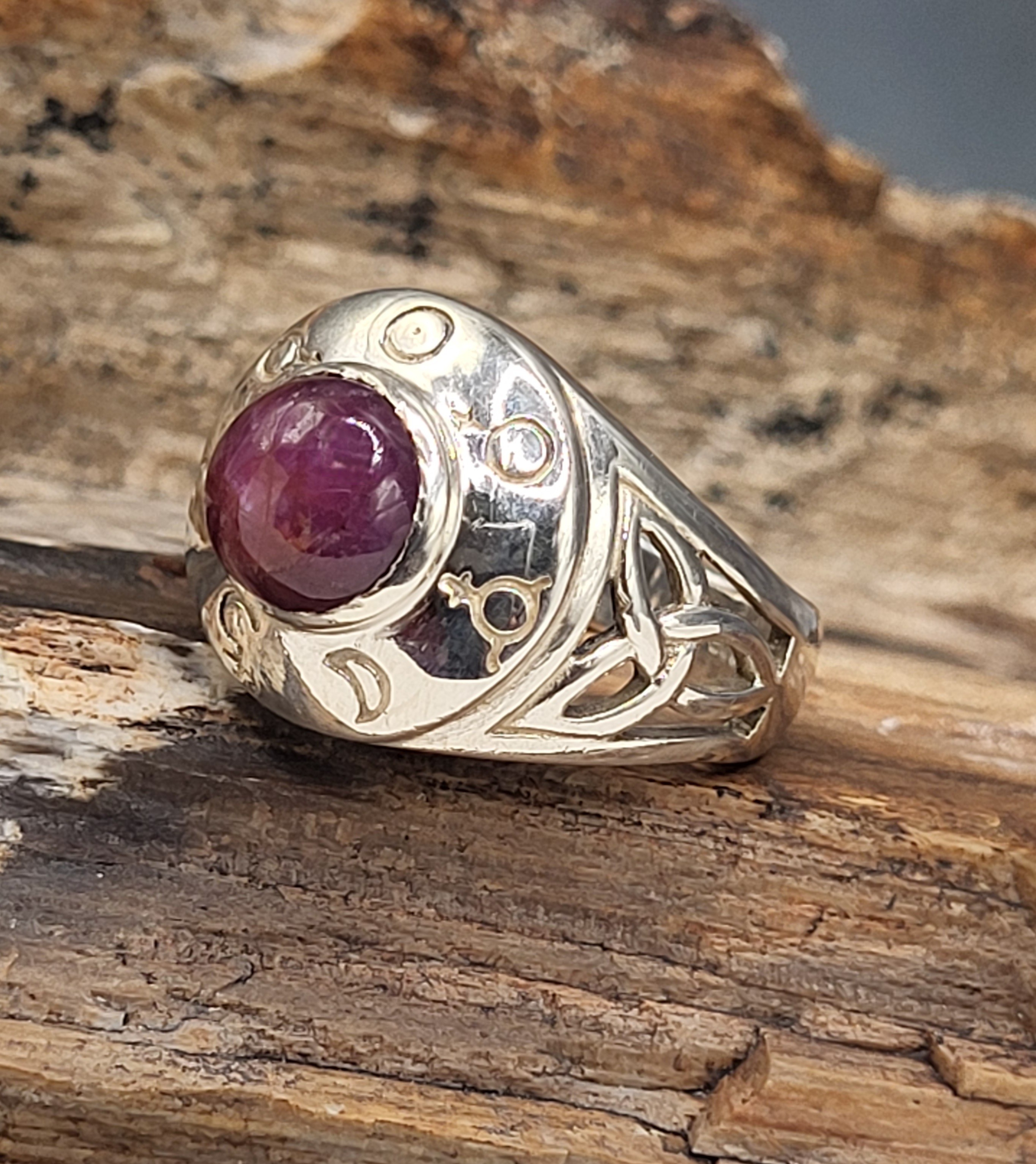 Celtic-Style Ruby Cabochon Sterling Silver Ring