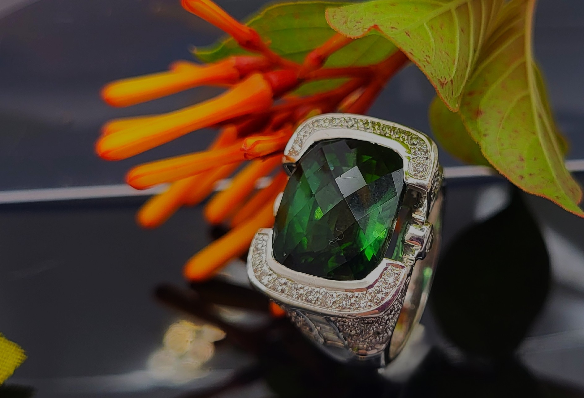 Glamorous Green Tourmaline and Pave Diamond Ring