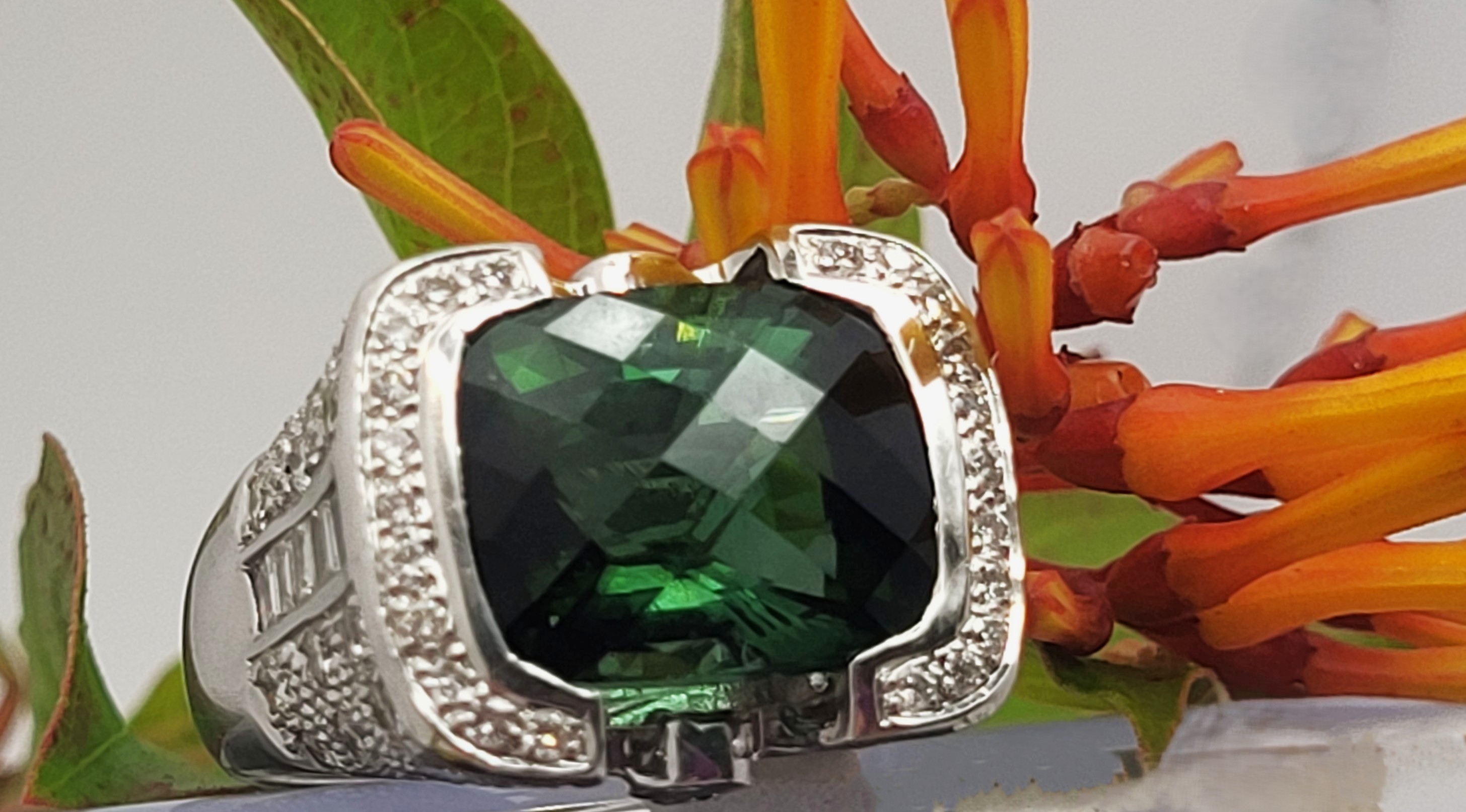 Glamorous Green Tourmaline and Pave Diamond Ring