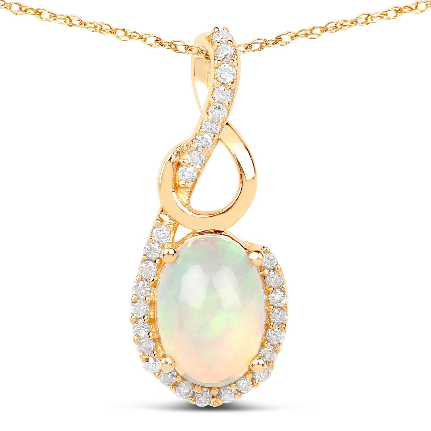 Ethiopian Opal and Swirled Diamond Pendant 14K