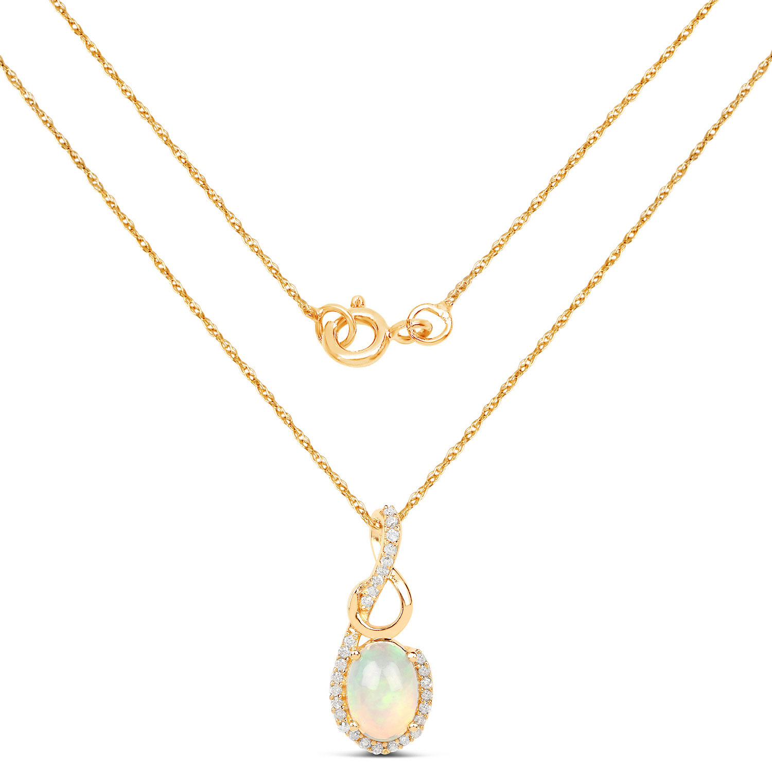 Ethiopian Opal and Swirled Diamond Pendant 14K