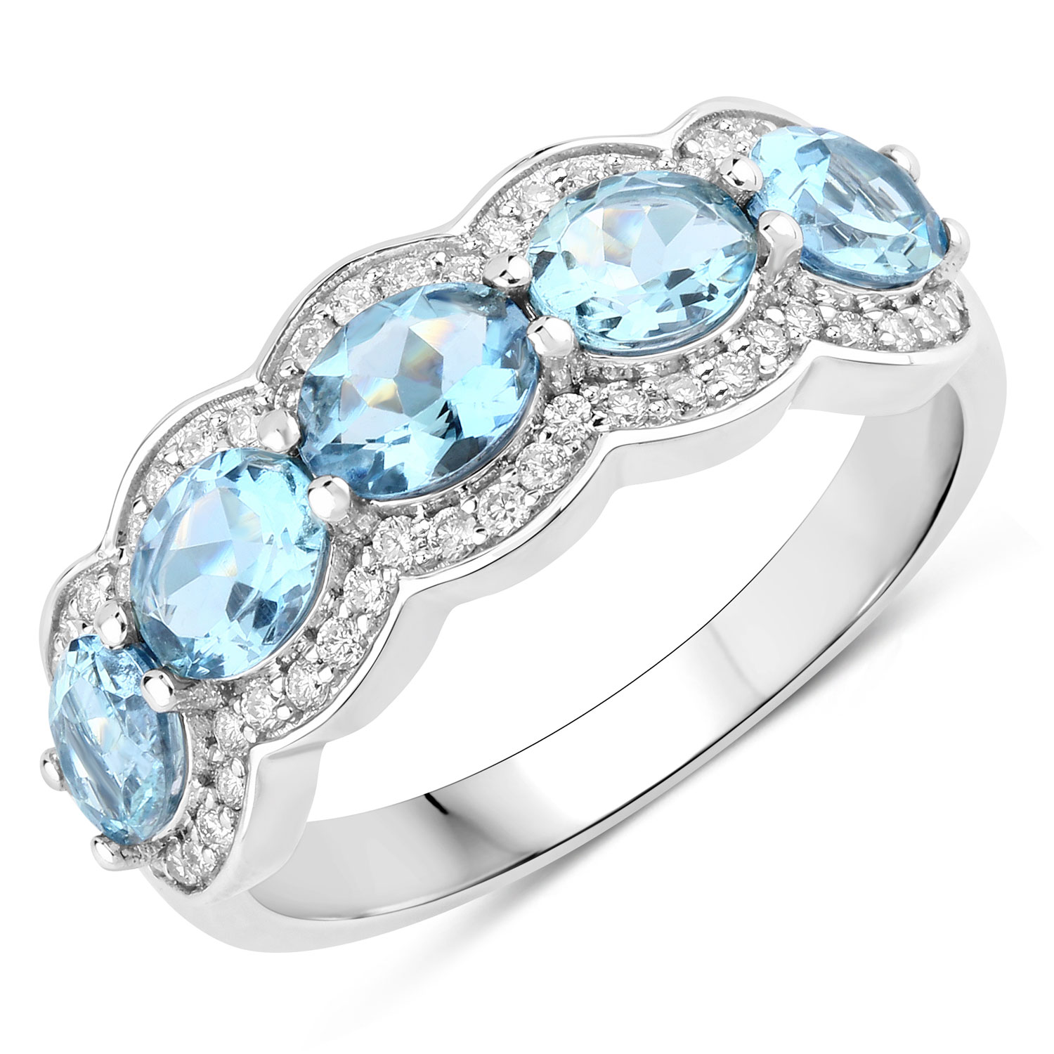 Aquamarine and Diamond Scalloped Halo 5-Stone Ring