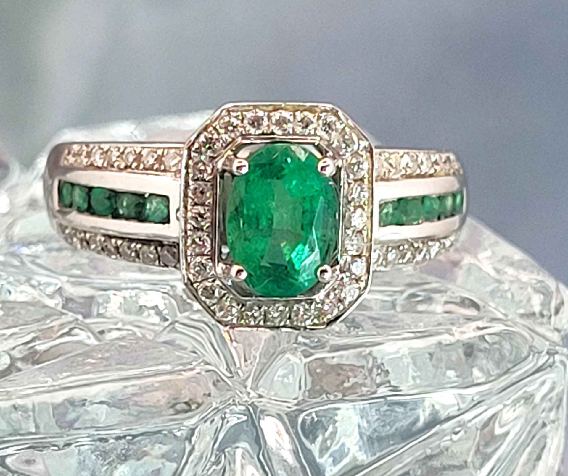 18K Emerald and Diamond Halo Ring Signed Iliana
