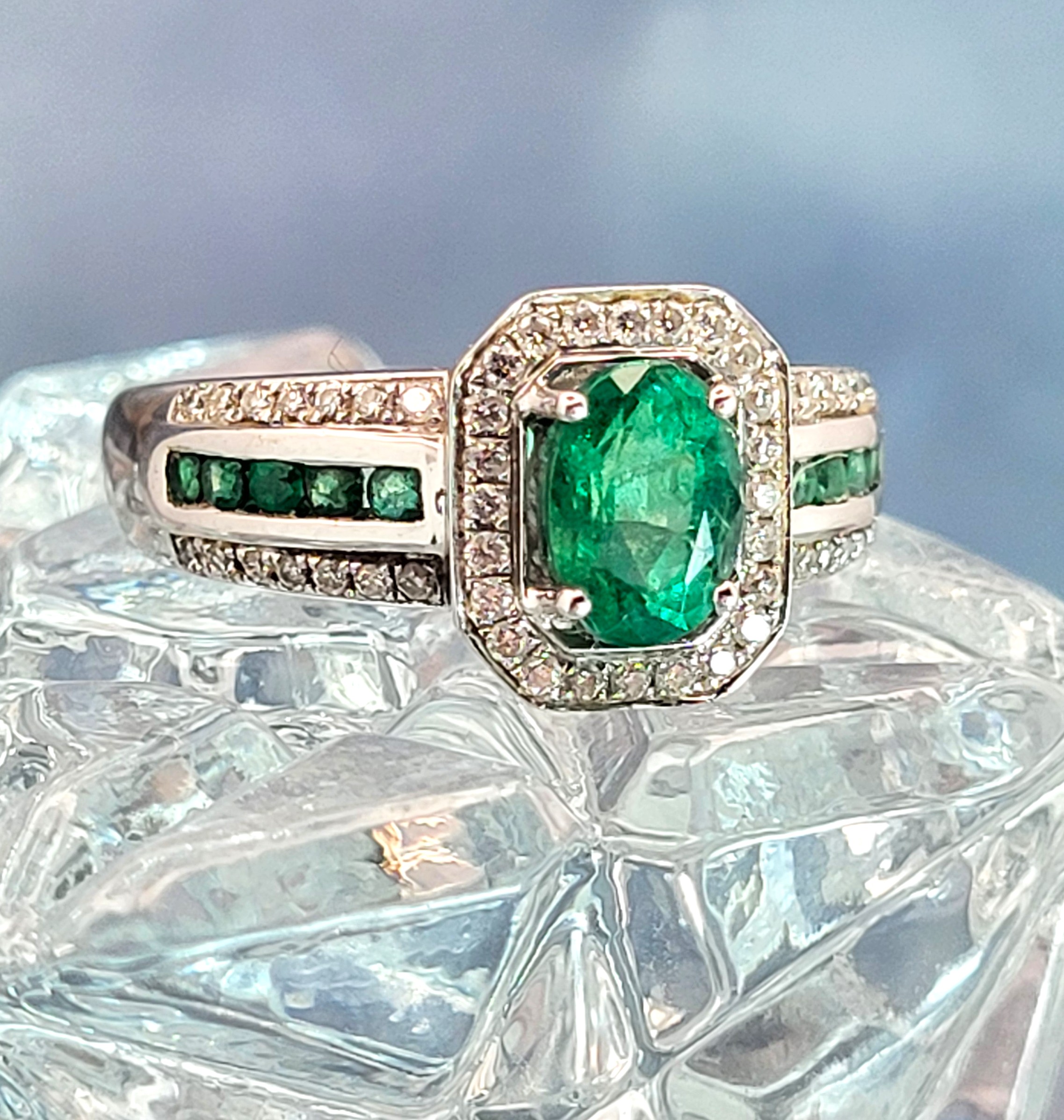 18K Emerald and Diamond Halo Ring Signed Iliana