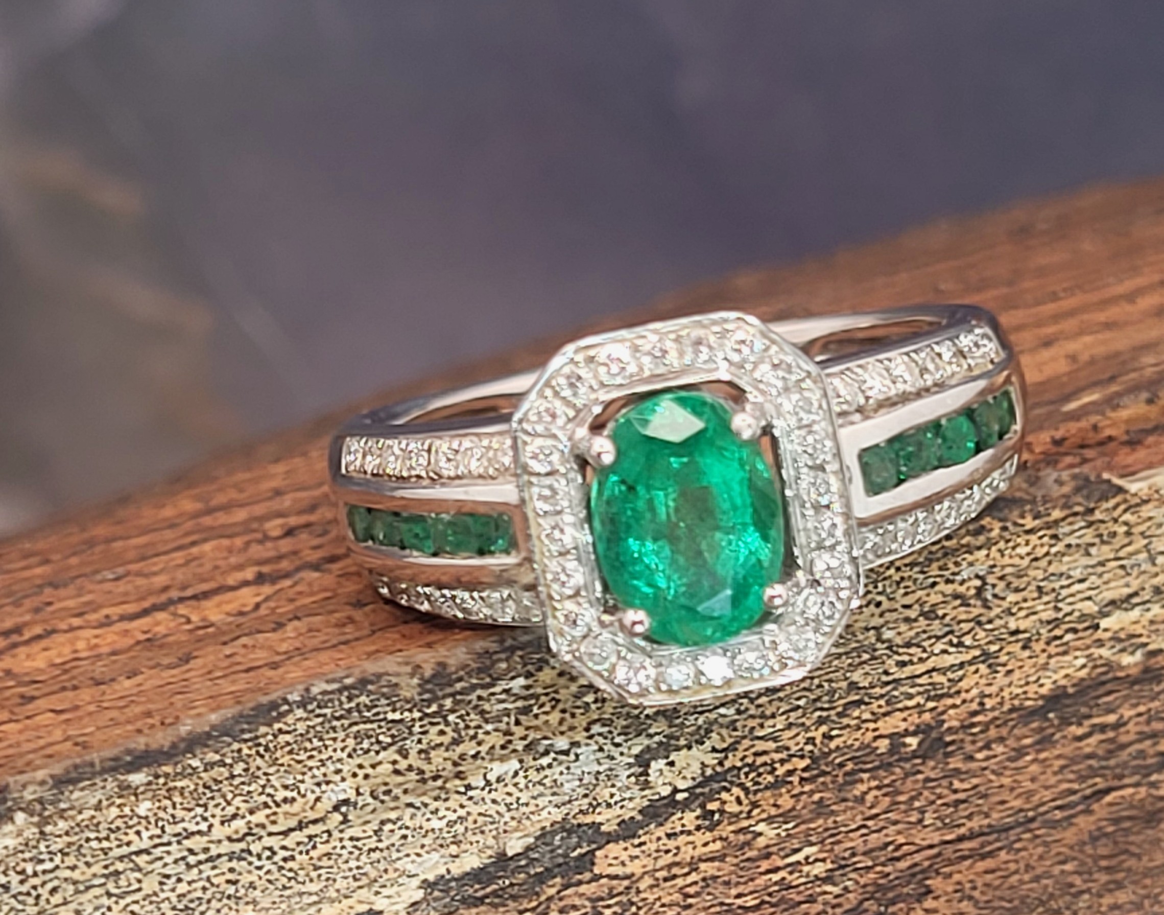 18K Emerald and Diamond Halo Ring Signed Iliana