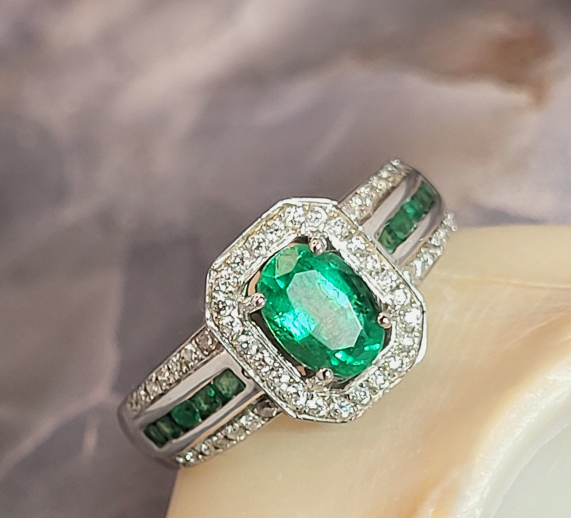 18K Emerald and Diamond Halo Ring Signed Iliana