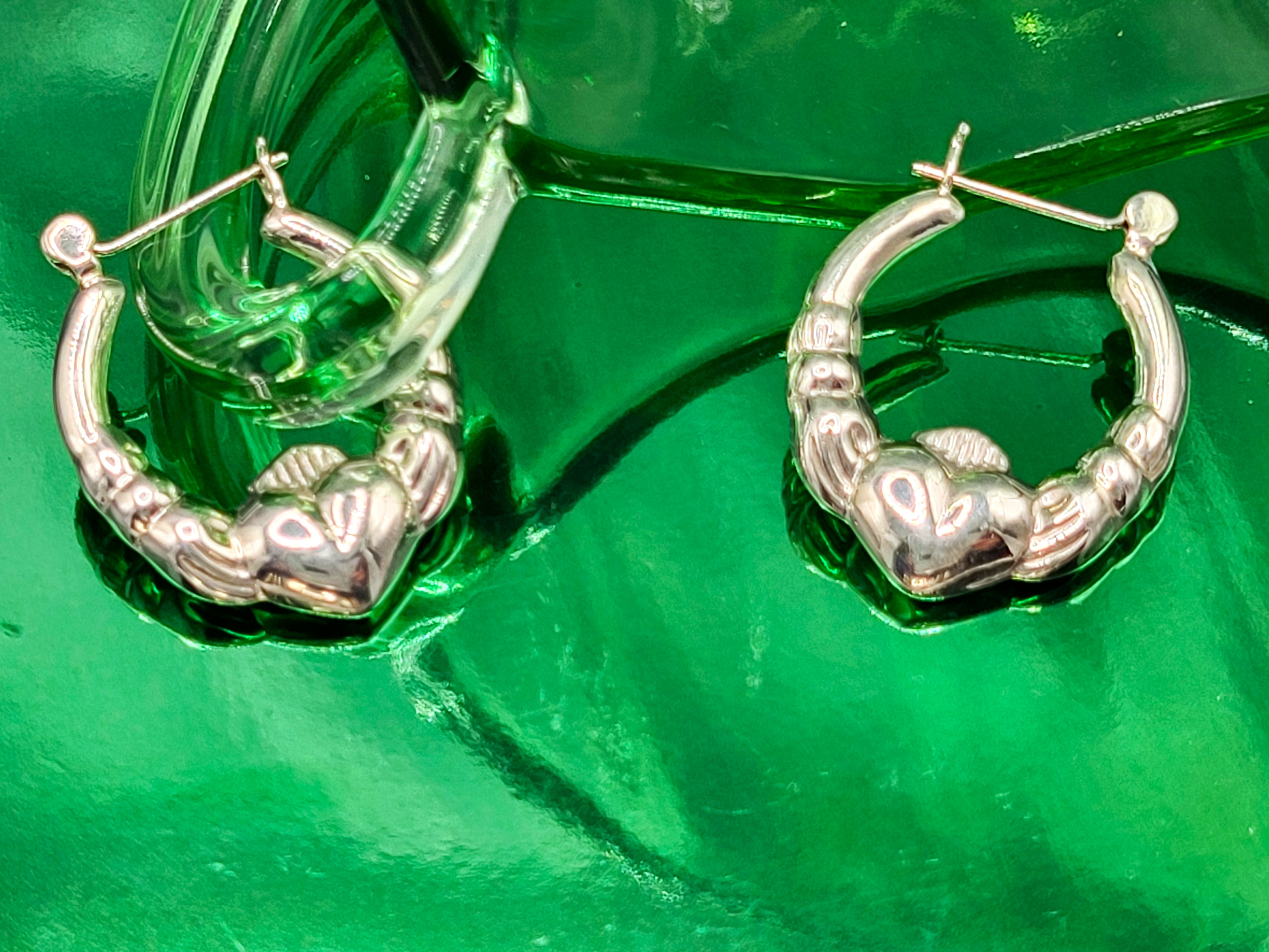 Sterling Silver 1" Puffed Claddagh Hoop Earrings
