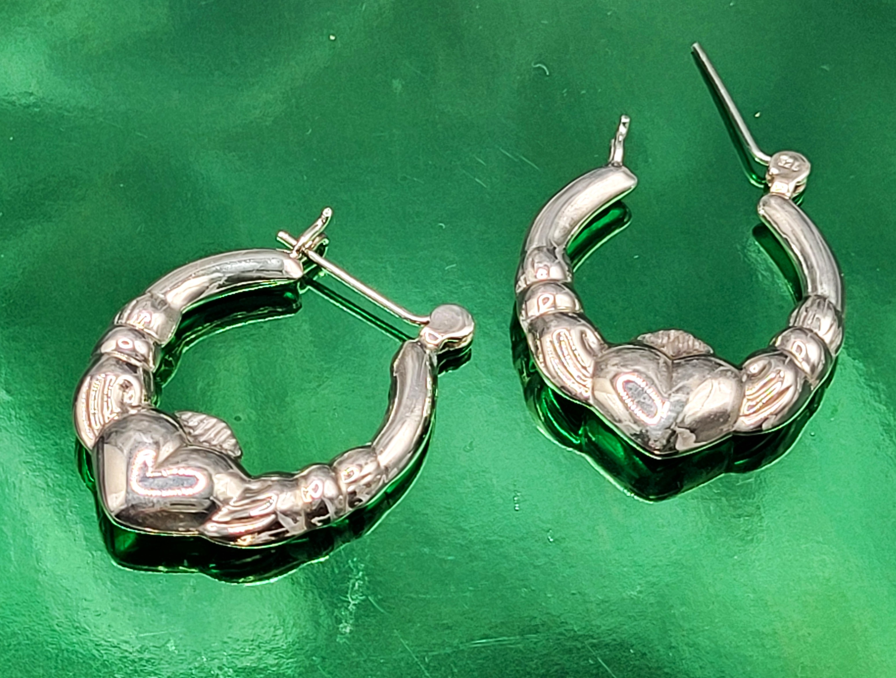 Sterling Silver 1" Puffed Claddagh Hoop Earrings