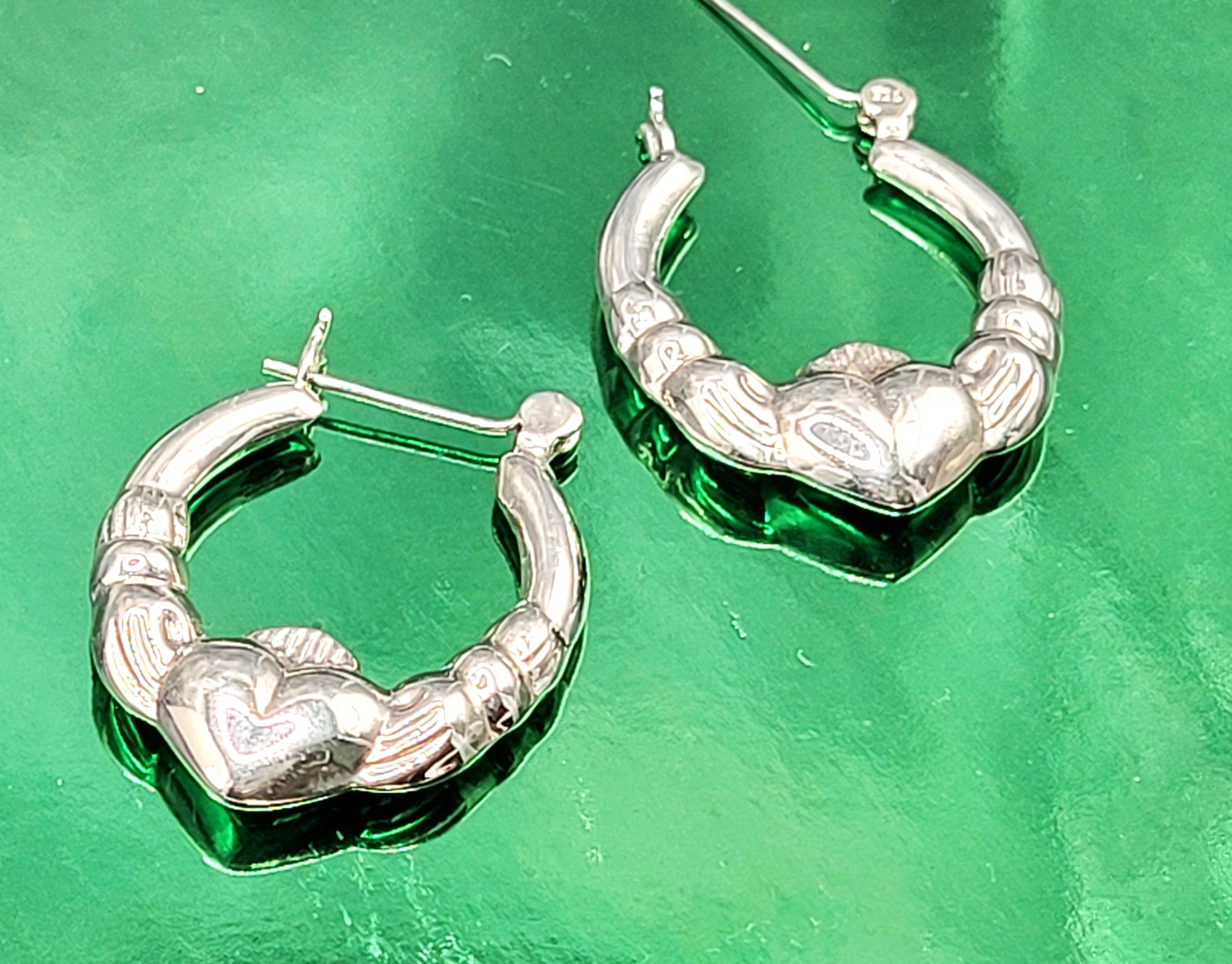 Sterling Silver 1" Puffed Claddagh Hoop Earrings