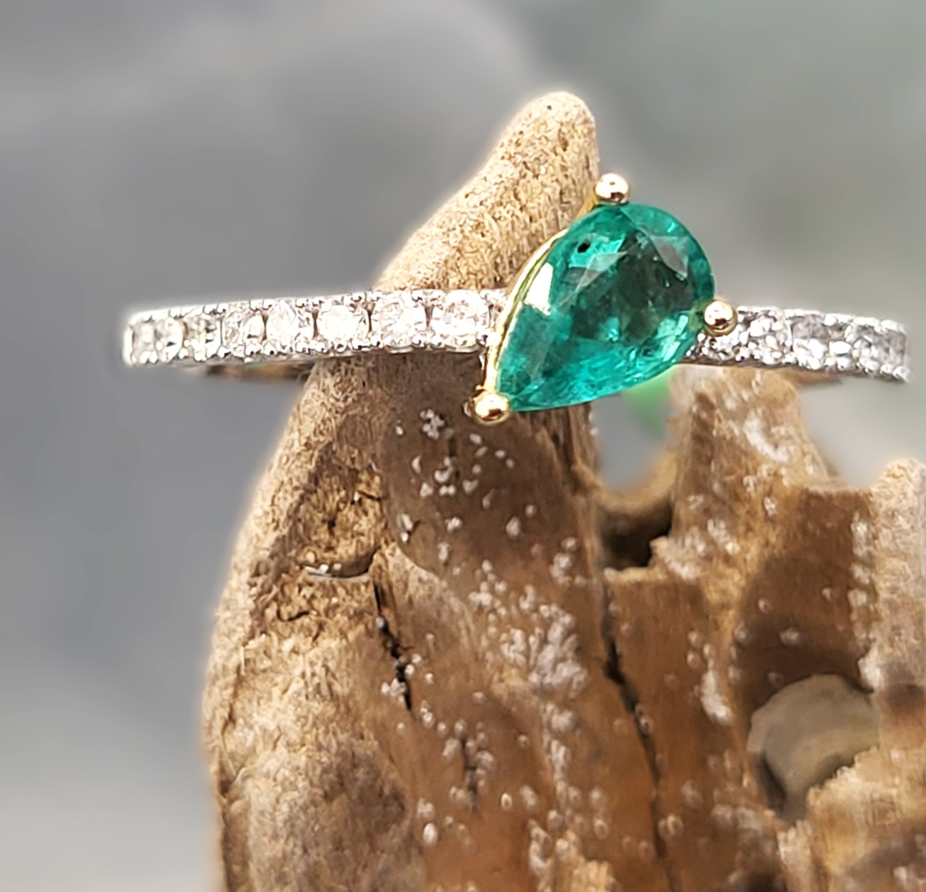 Tilting Pear-Cut Emerald and Diamond Stacker Ring