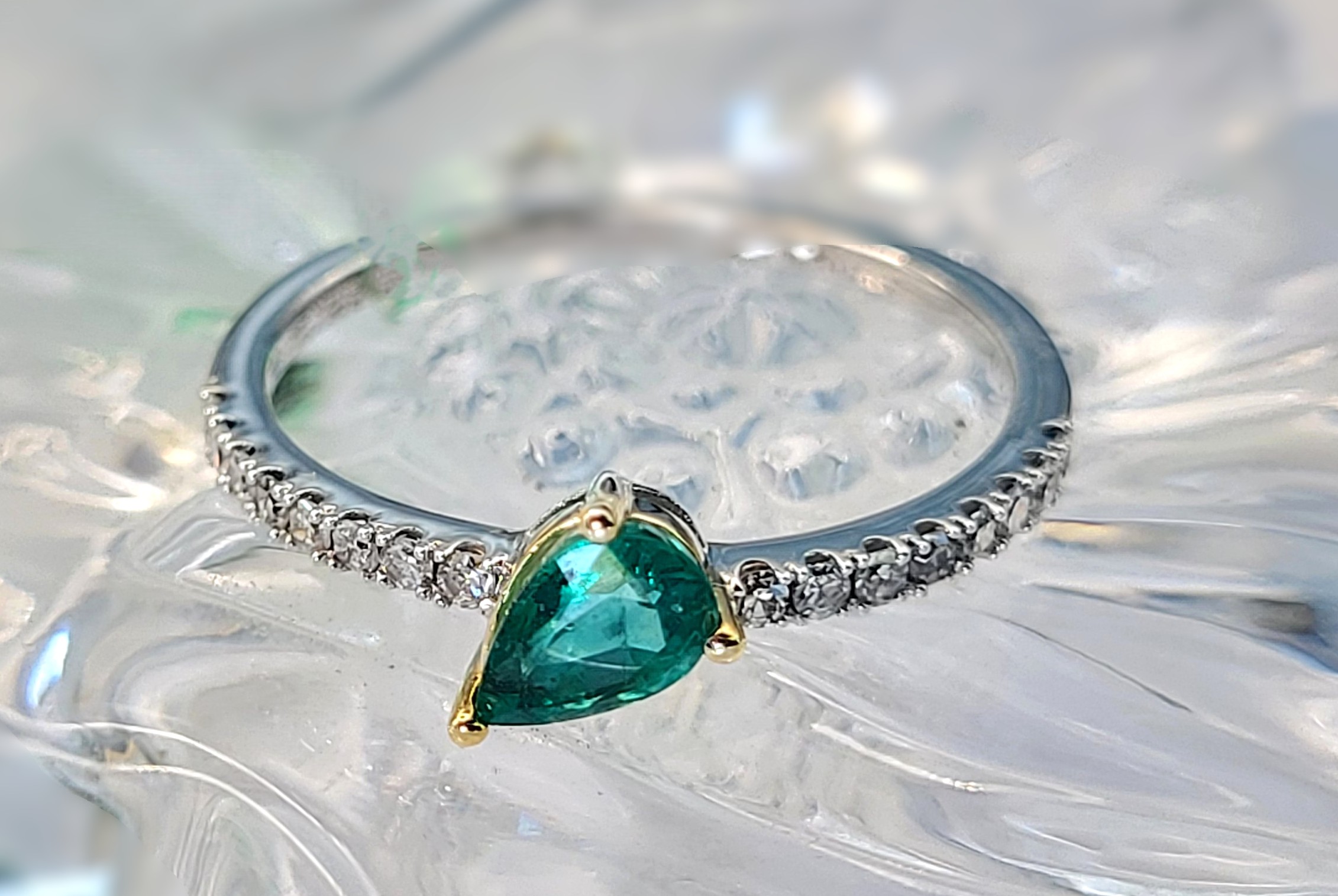 Tilting Pear-Cut Emerald and Diamond Stacker Ring