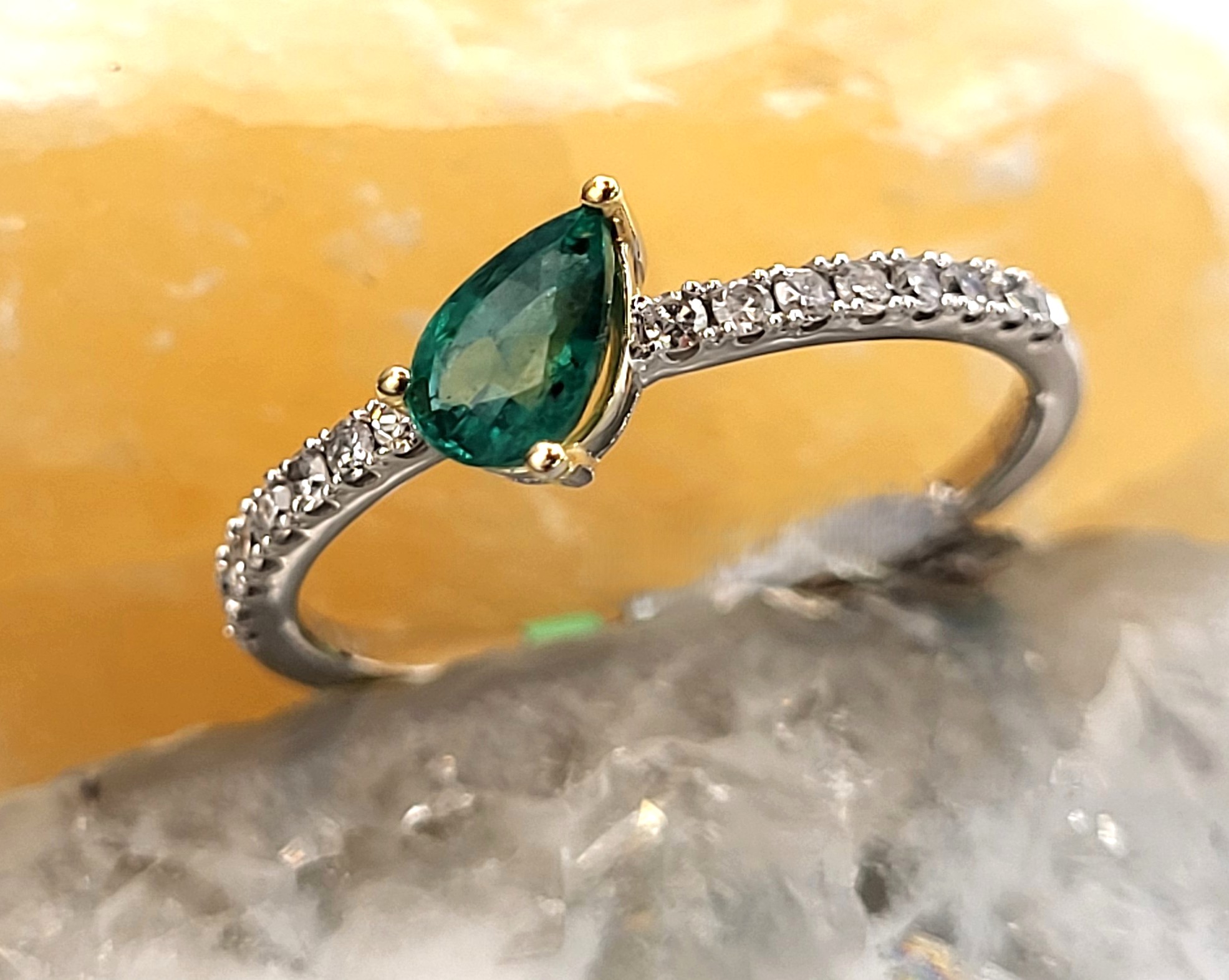 Tilting Pear-Cut Emerald and Diamond Stacker Ring