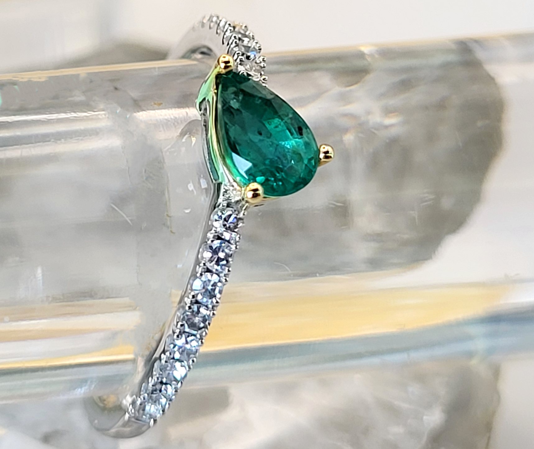 Tilting Pear-Cut Emerald and Diamond Stacker Ring