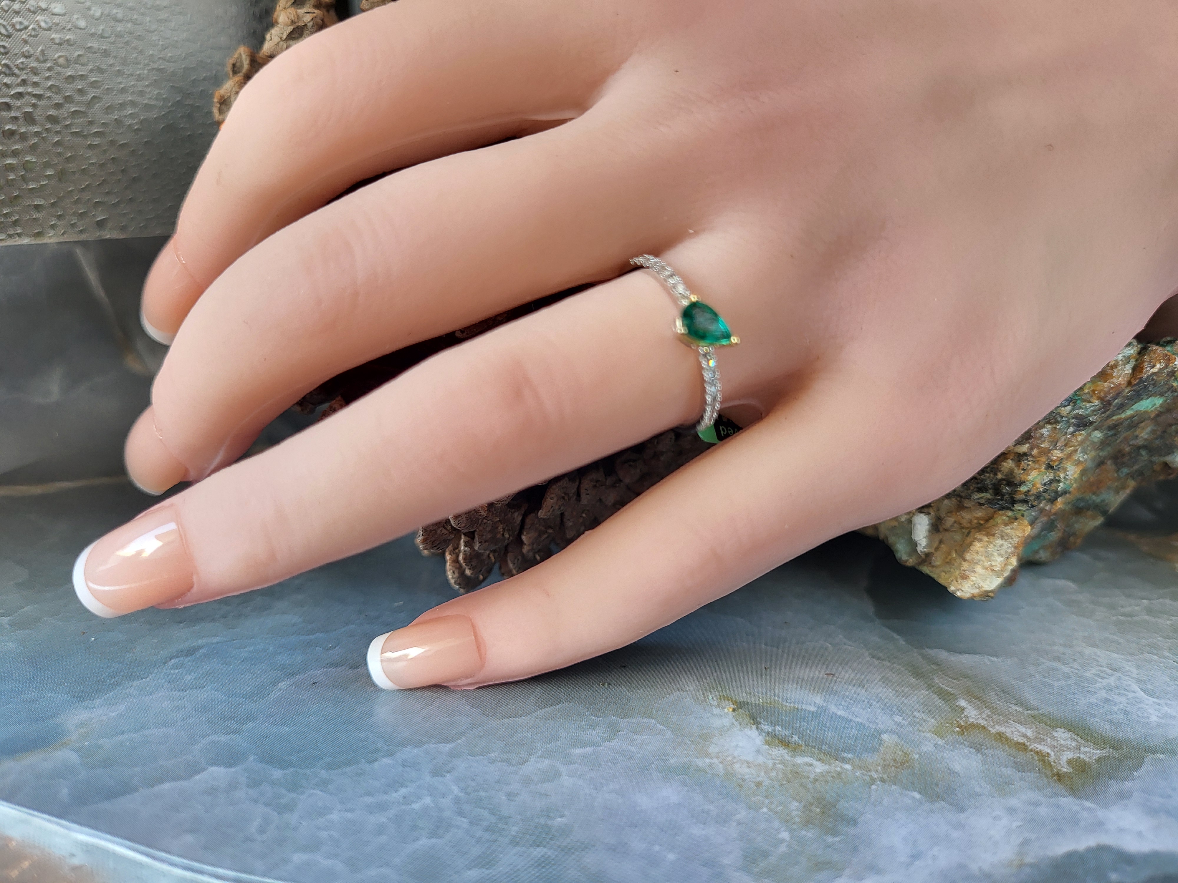 Tilting Pear-Cut Emerald and Diamond Stacker Ring