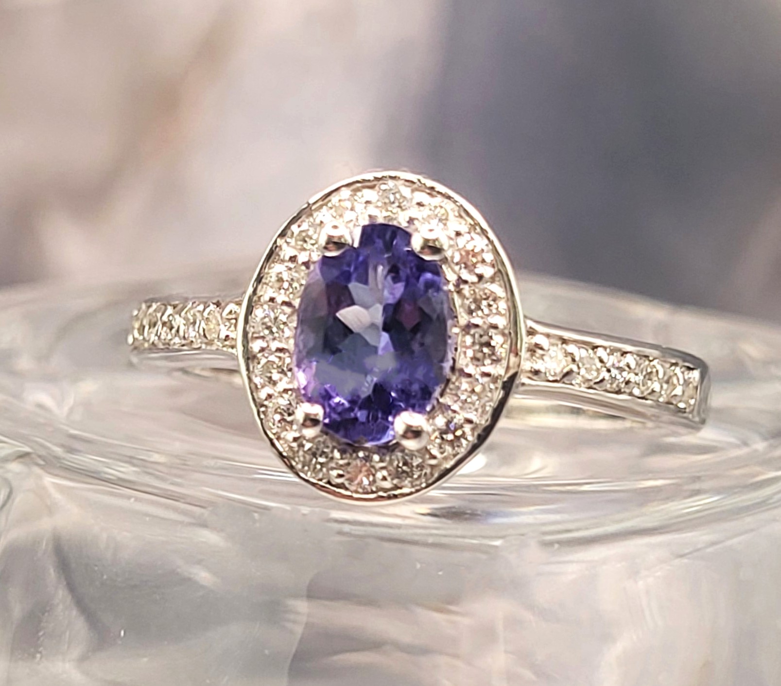 Genuine Tanzanite and Lab-Grown Diamond Halo Ring .925