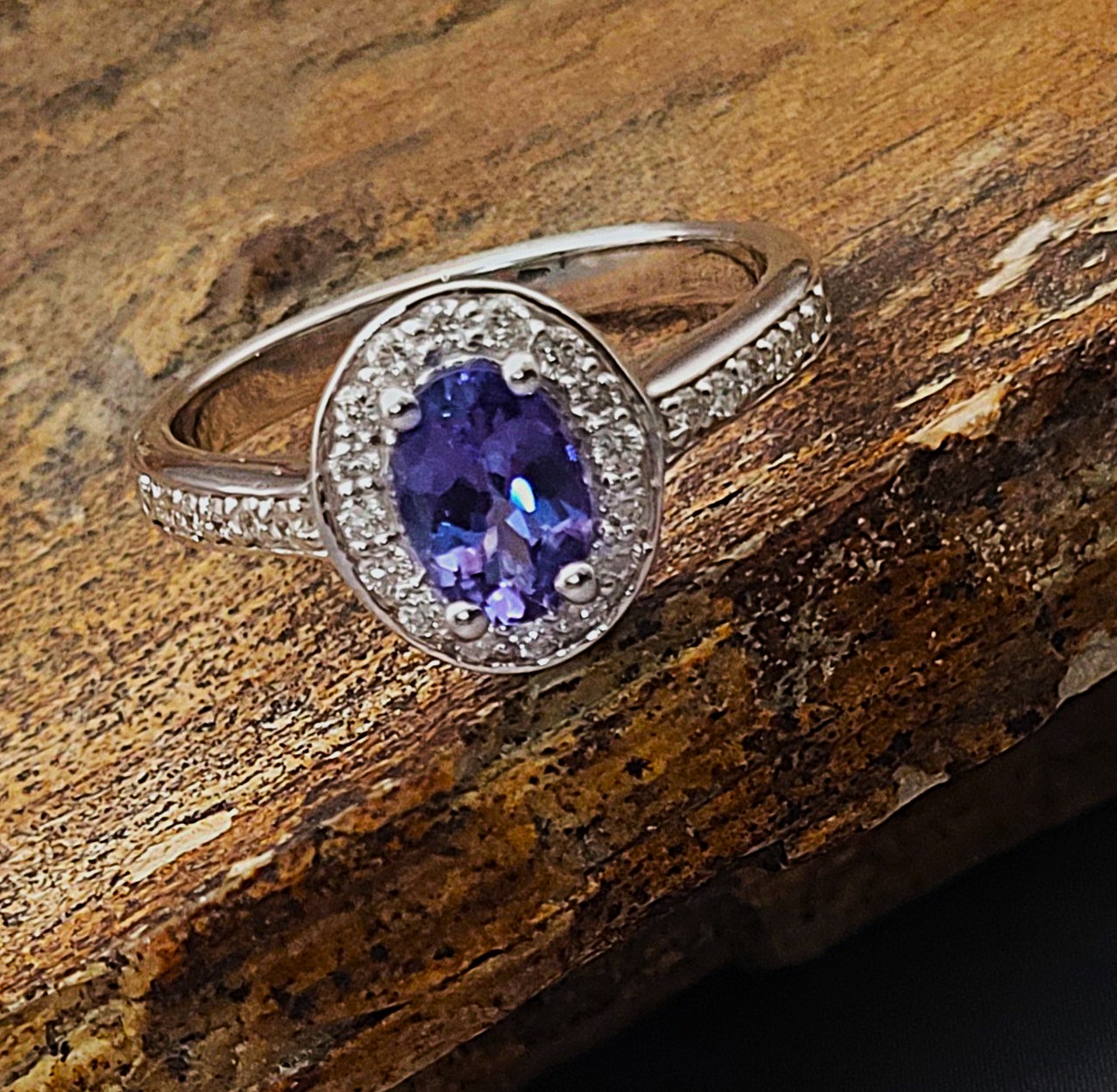 Genuine Tanzanite and Lab-Grown Diamond Halo Ring .925